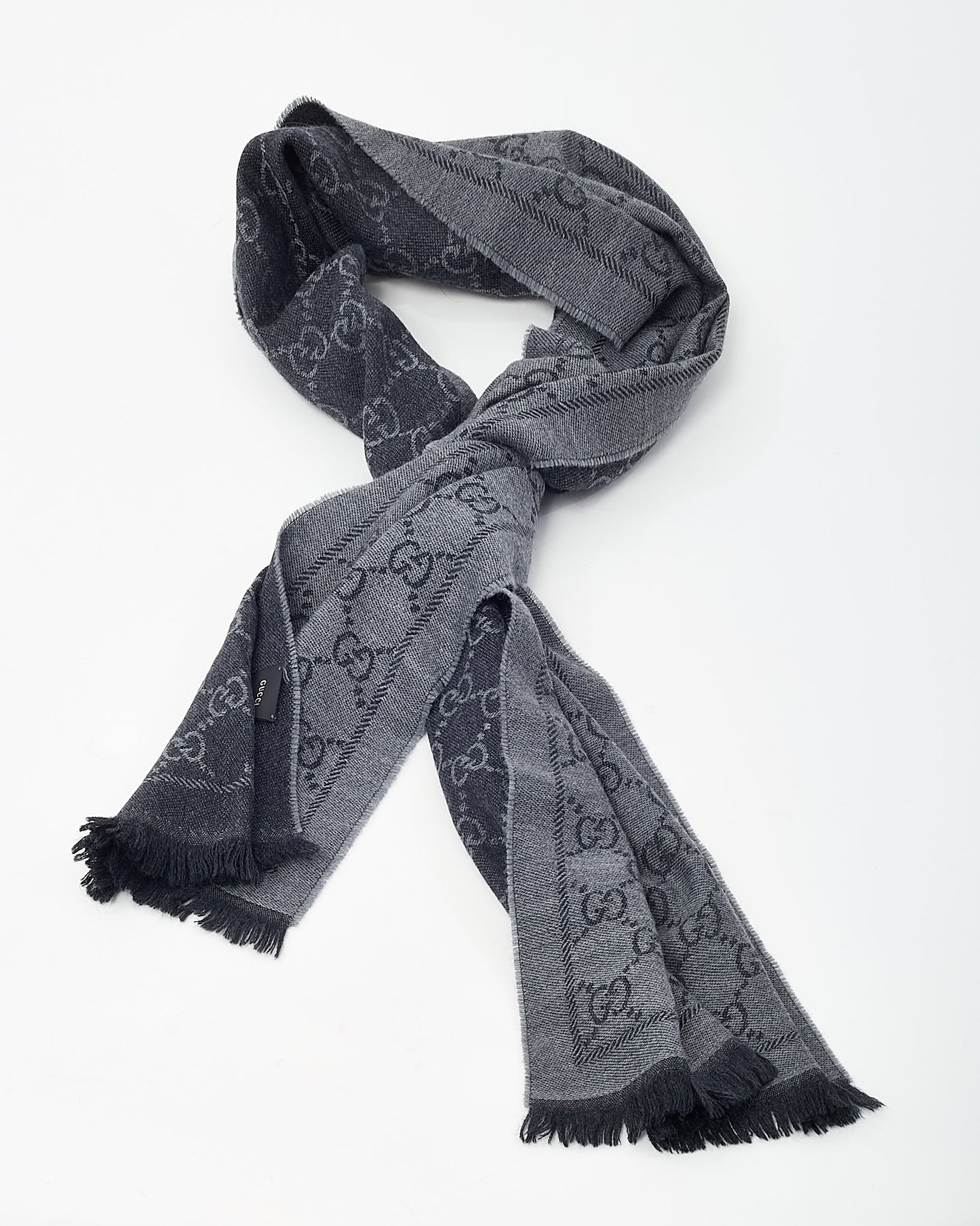 Gucci Grey and Black GG Monogram Wool Fringe Scarf