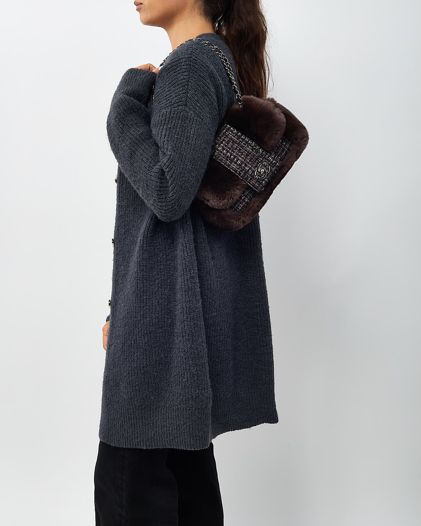 Chanel Brown Chinchilla Fur & Navy Multi Tweed Flap Bag SHW