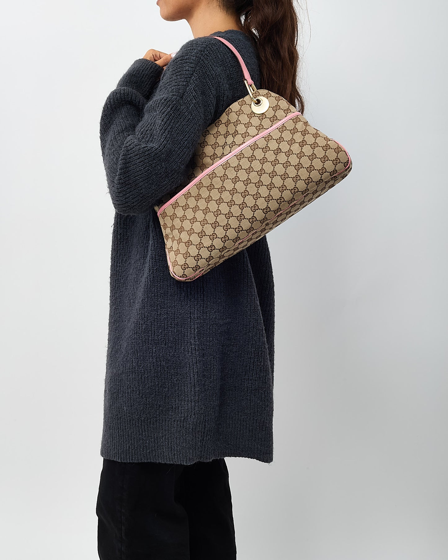 Gucci Beige GG Monogram Canvas and Pink Leather Trim Eclipse Shoulder Bag