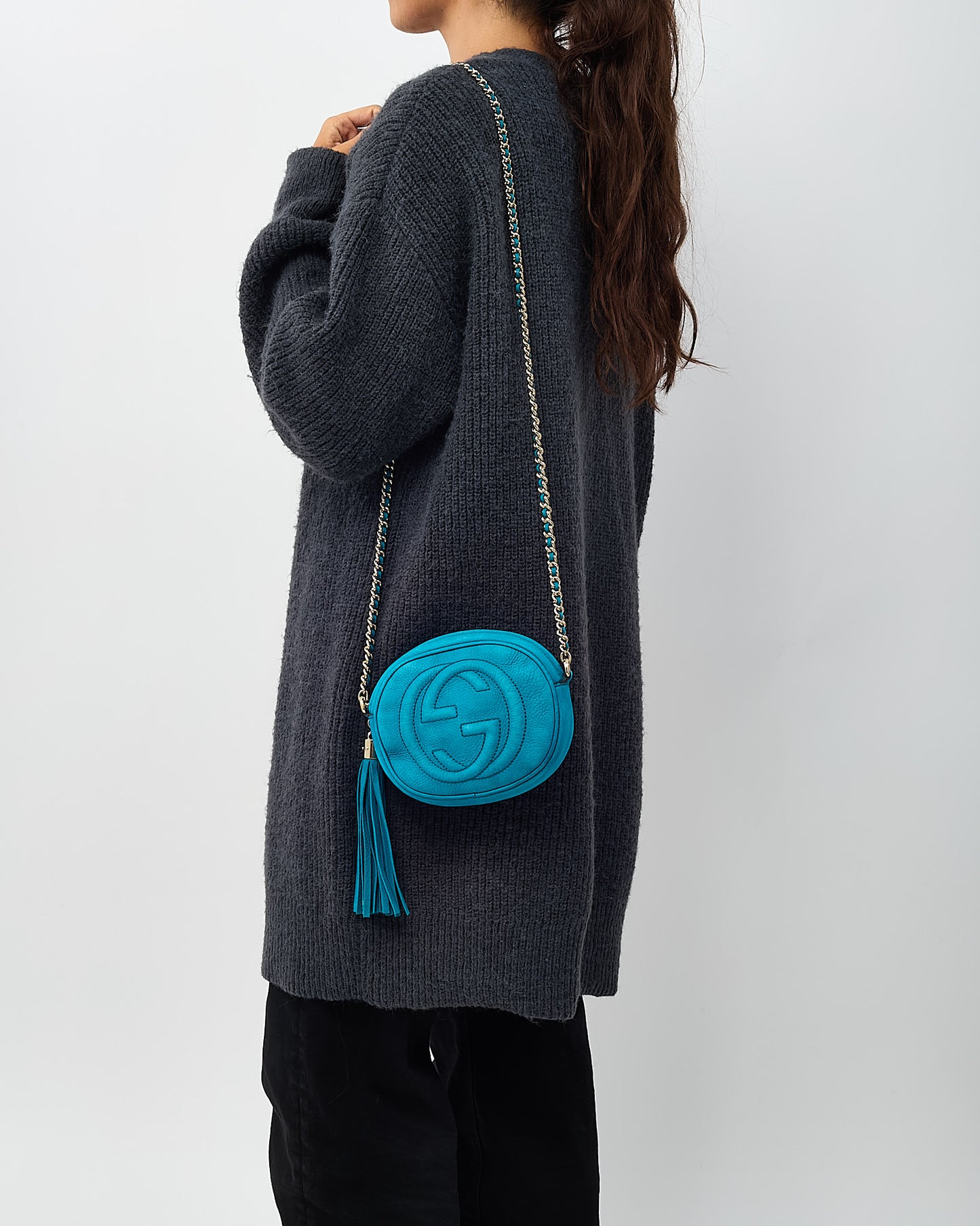 Gucci Turquoise Blue Suede GG Soho Mini Round Chain Crossbody Bag