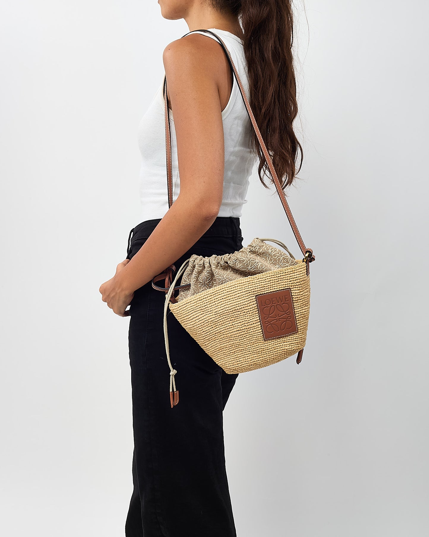 Loewe Brown Leather and Beige Raffia Anagram Jacquard Drawstring Bucket Bag