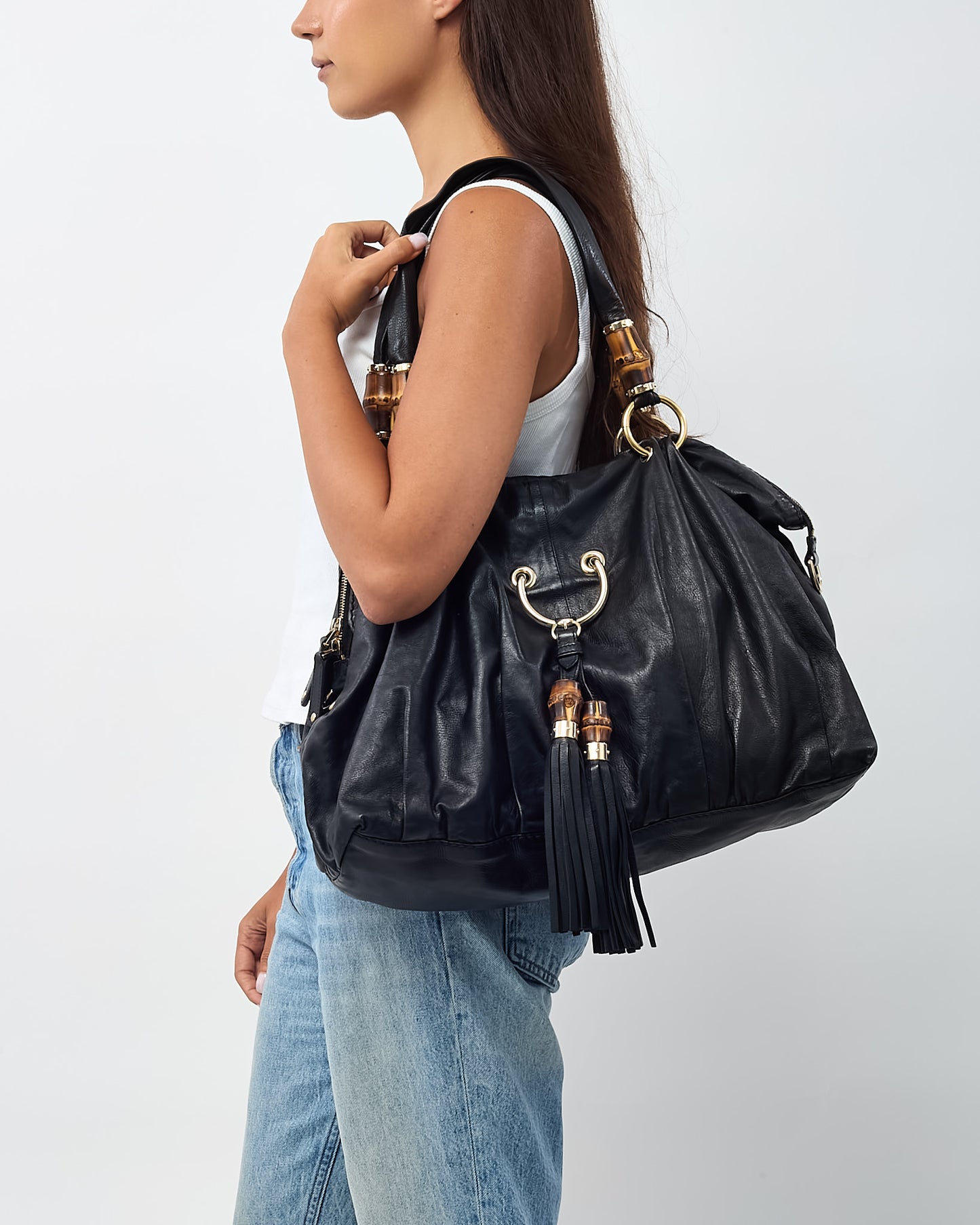 Gucci Black Leather Bamboo Tassel Beads Top Handle Tote Bag