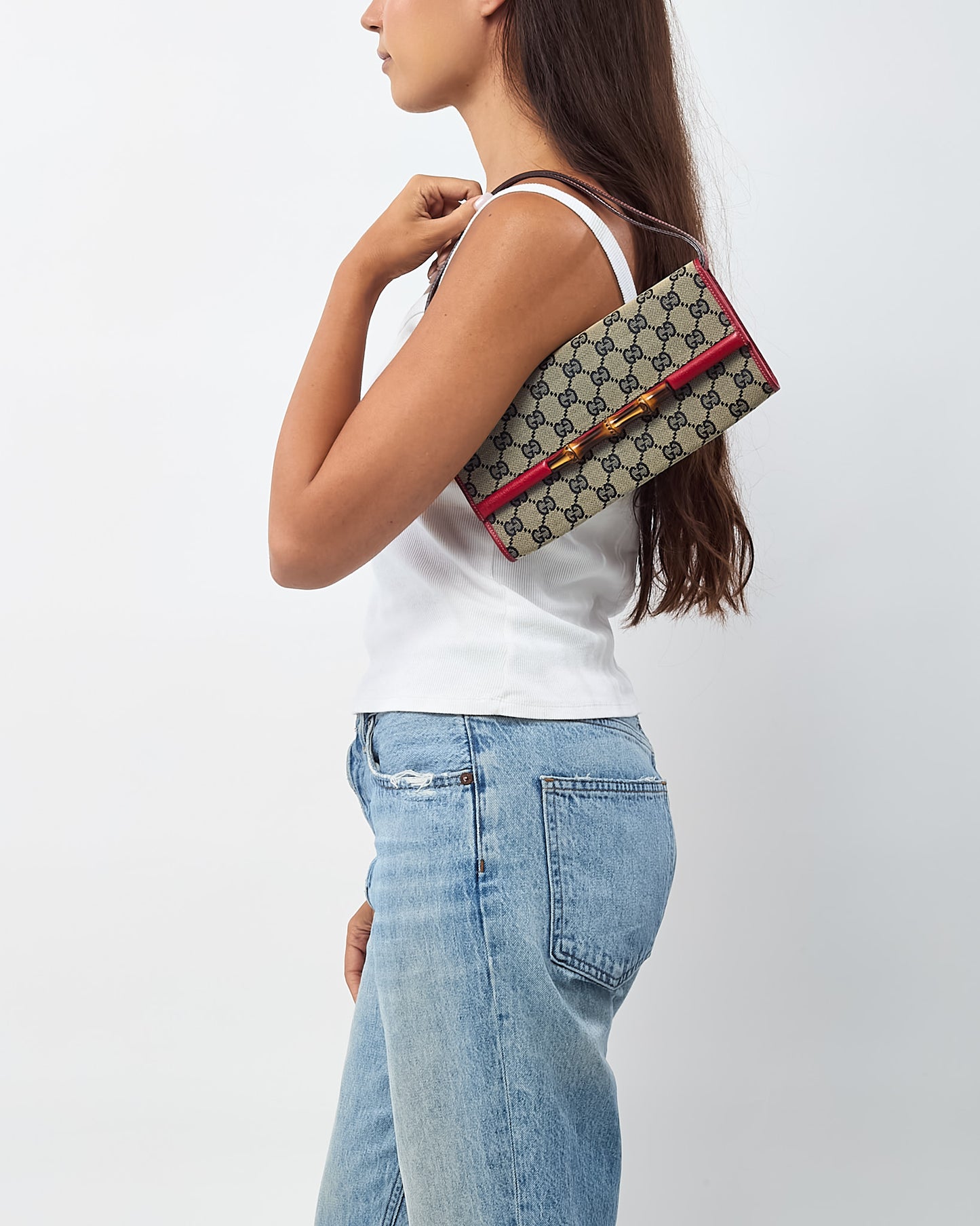 Gucci Beige and Navy GG Monogram Canvas and Red Leather Bamboo Bar WOC Crossbody Bag