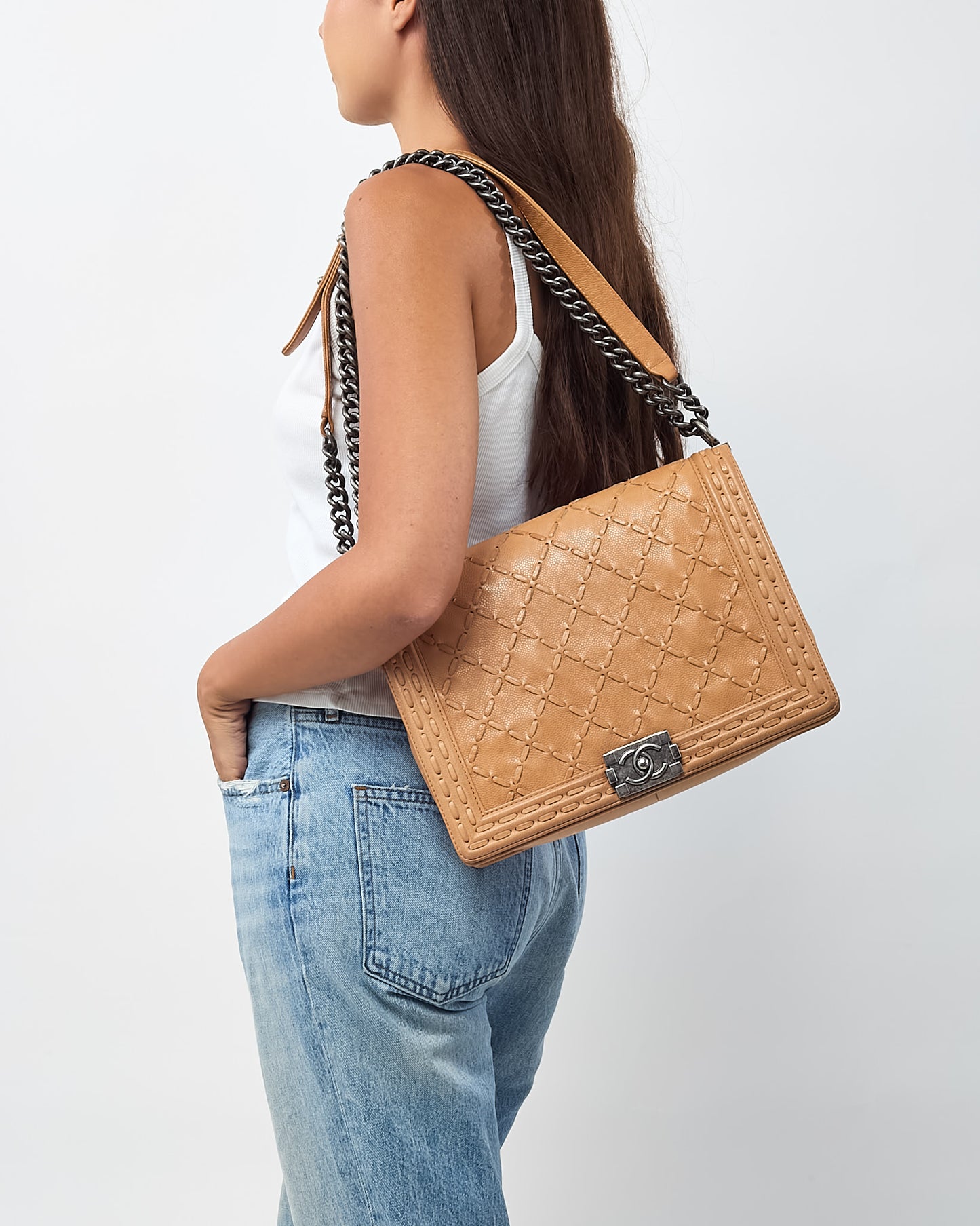 Chanel Caramel Quilted Caviar Leather Paris/Dallas Stitch Large Boy Bag with Ruthenium Hardware