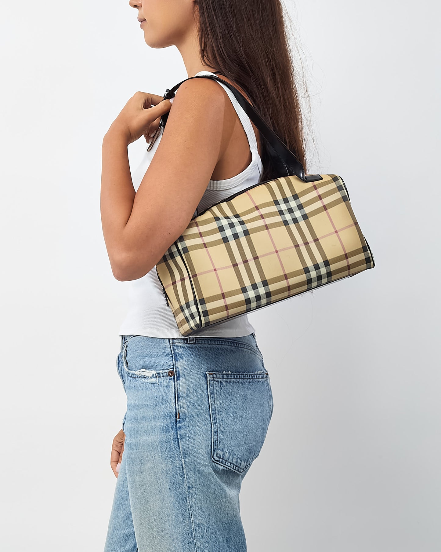 Burberry Vintage Beige Nova Check Coated Canvas and Black Leather Trim Boston Shoulder Bag