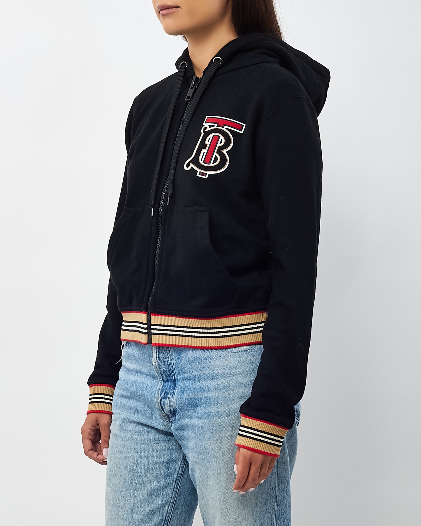 Burberry Black Cotton and Beige Stripe 'TB' Monogram Zip-Up Hoodie - S