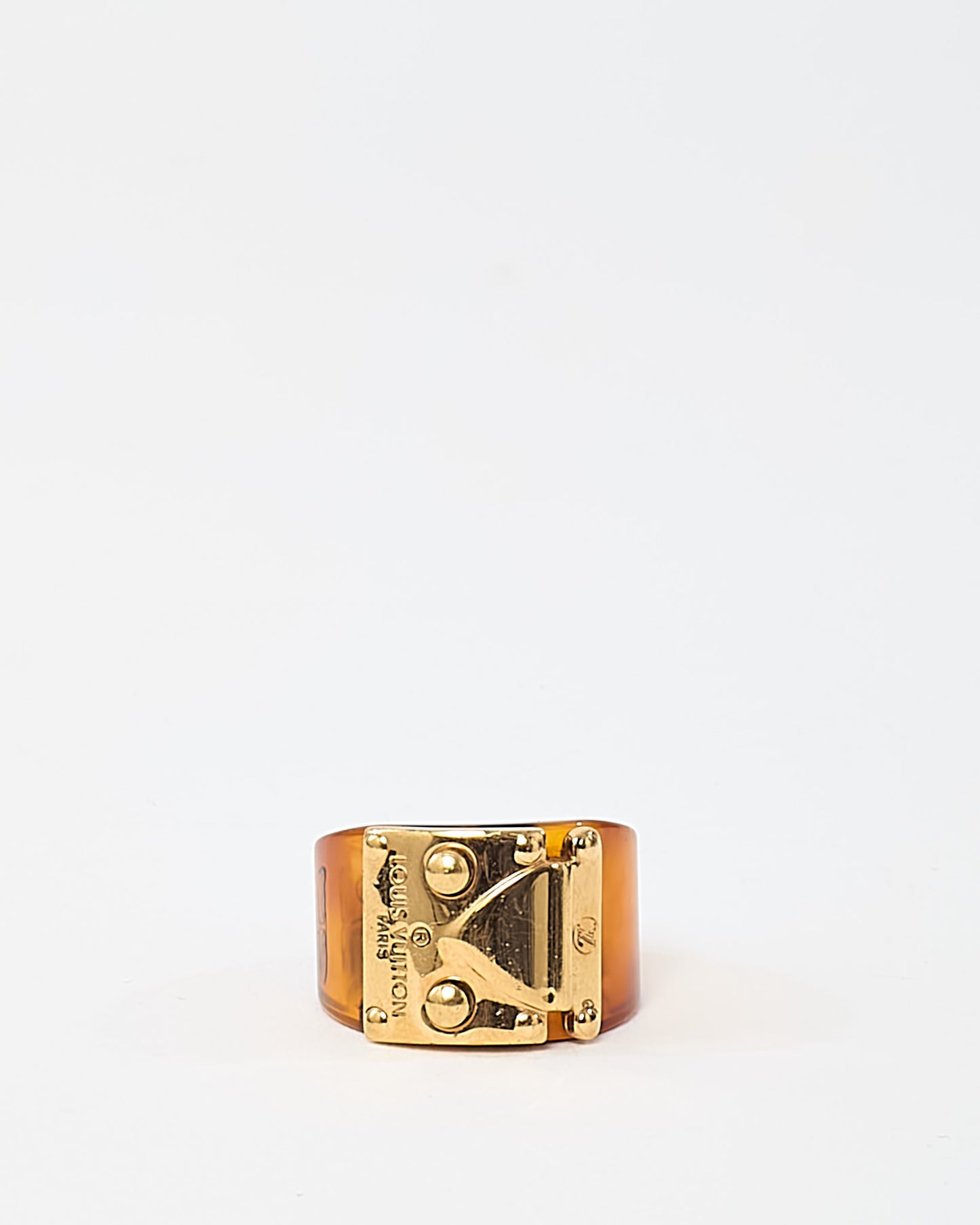 Louis Vuitton Brown Tortoise Resin Gold Tone Plated "Lock It" Ring - L/US 8