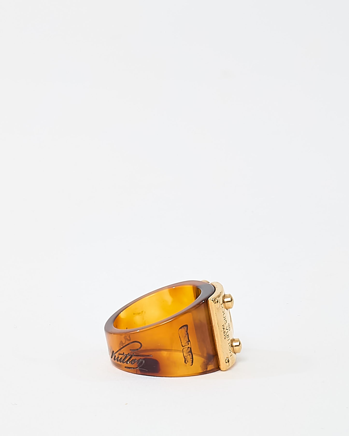 Louis Vuitton Brown Tortoise Resin Gold Tone Plated "Lock It" Ring - L/US 8