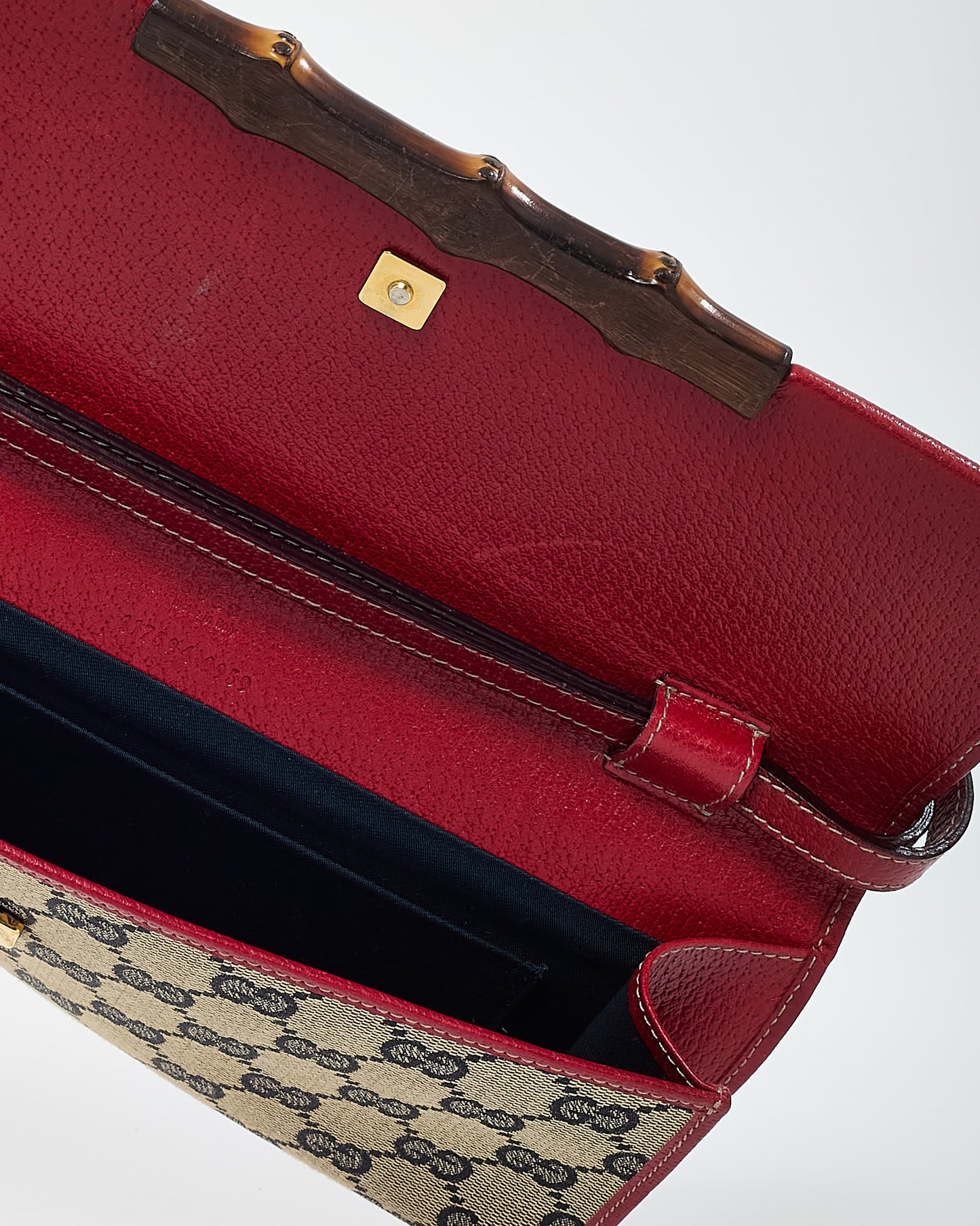 Gucci Beige and Navy GG Monogram Canvas and Red Leather Bamboo Bar WOC Crossbody Bag