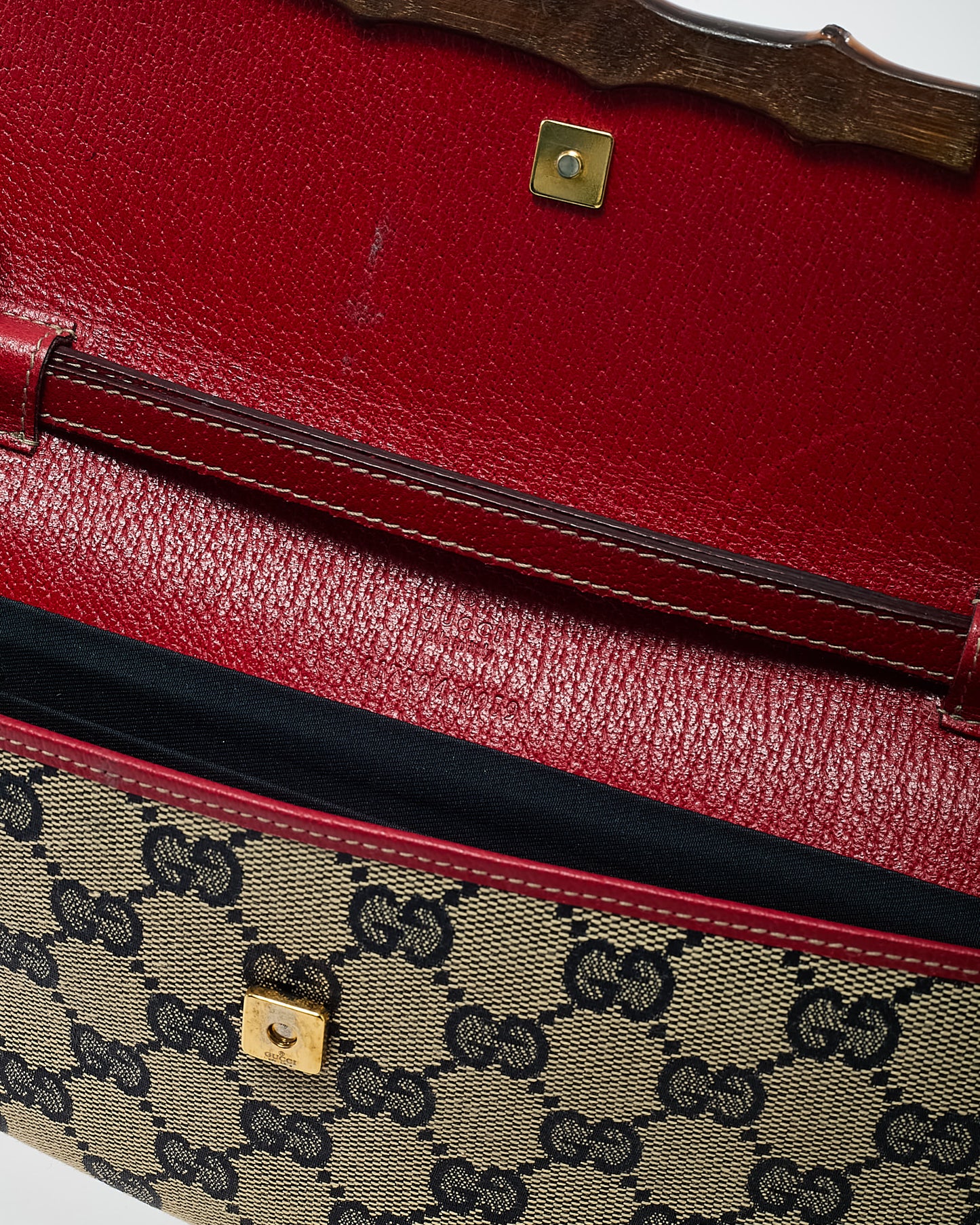 Gucci Beige and Navy GG Monogram Canvas and Red Leather Bamboo Bar WOC Crossbody Bag