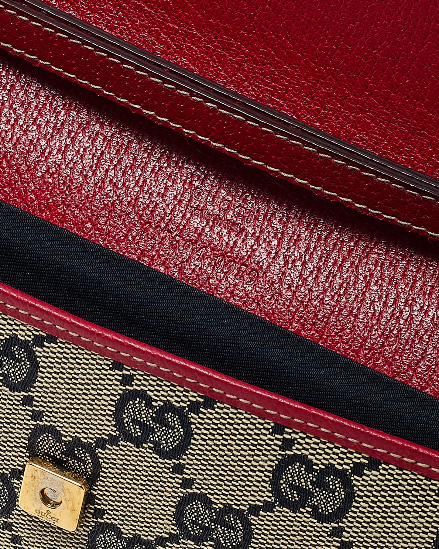 Gucci Beige and Navy GG Monogram Canvas and Red Leather Bamboo Bar WOC Crossbody Bag
