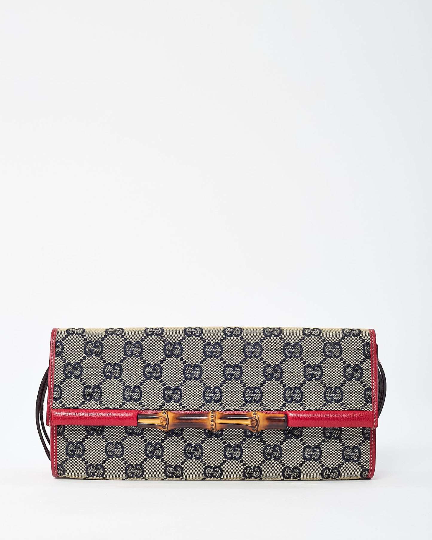 Gucci Beige and Navy GG Monogram Canvas and Red Leather Bamboo Bar WOC Crossbody Bag