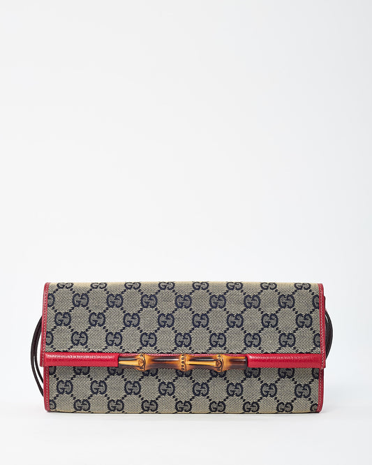 Gucci Beige and Navy GG Monogram Canvas and Red Leather Bamboo Bar WOC Crossbody Bag