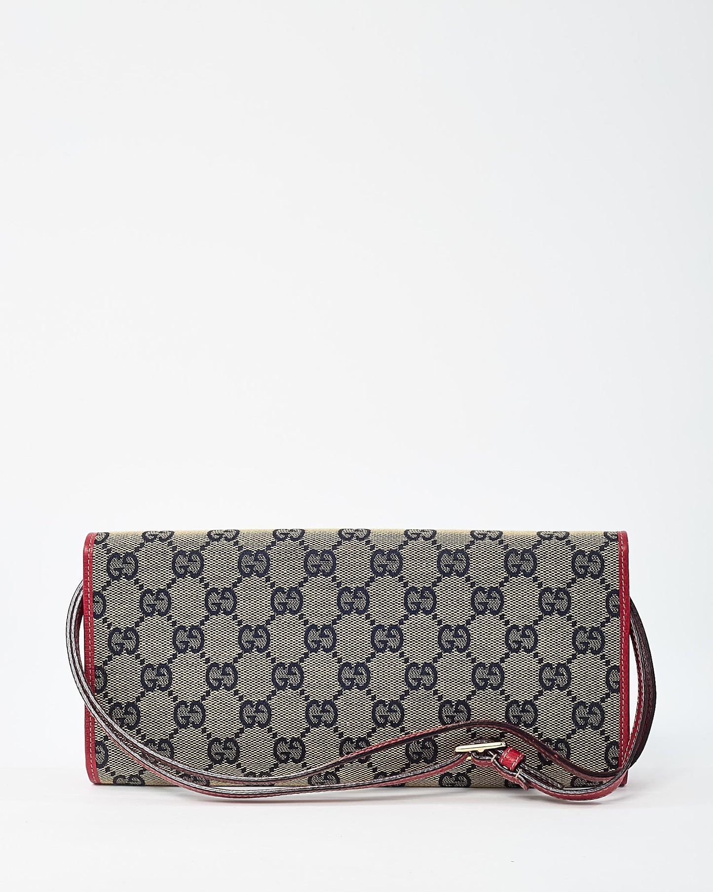 Gucci Beige and Navy GG Monogram Canvas and Red Leather Bamboo Bar WOC Crossbody Bag