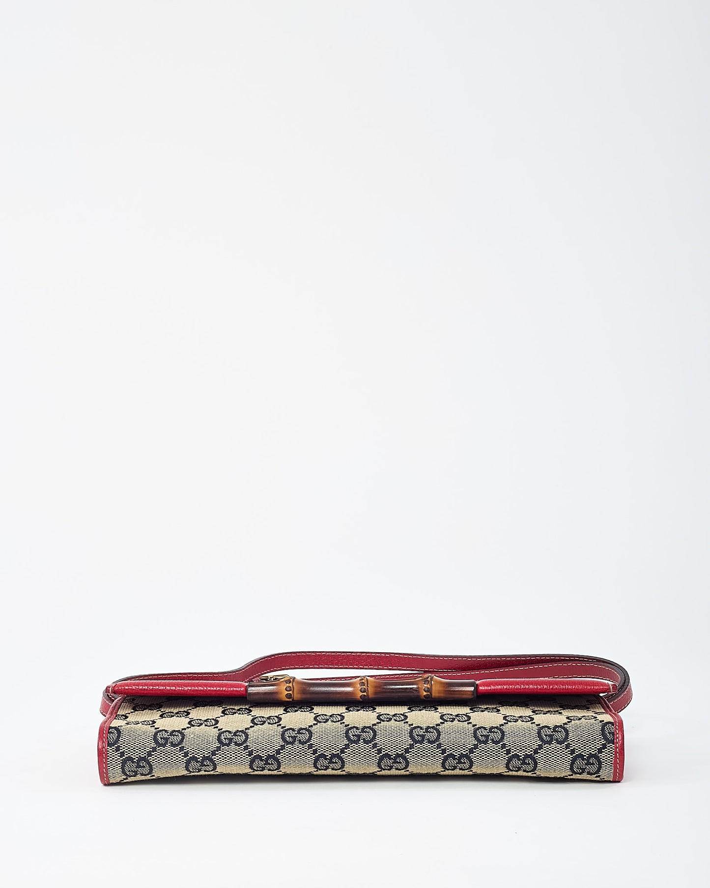 Gucci Beige and Navy GG Monogram Canvas and Red Leather Bamboo Bar WOC Crossbody Bag