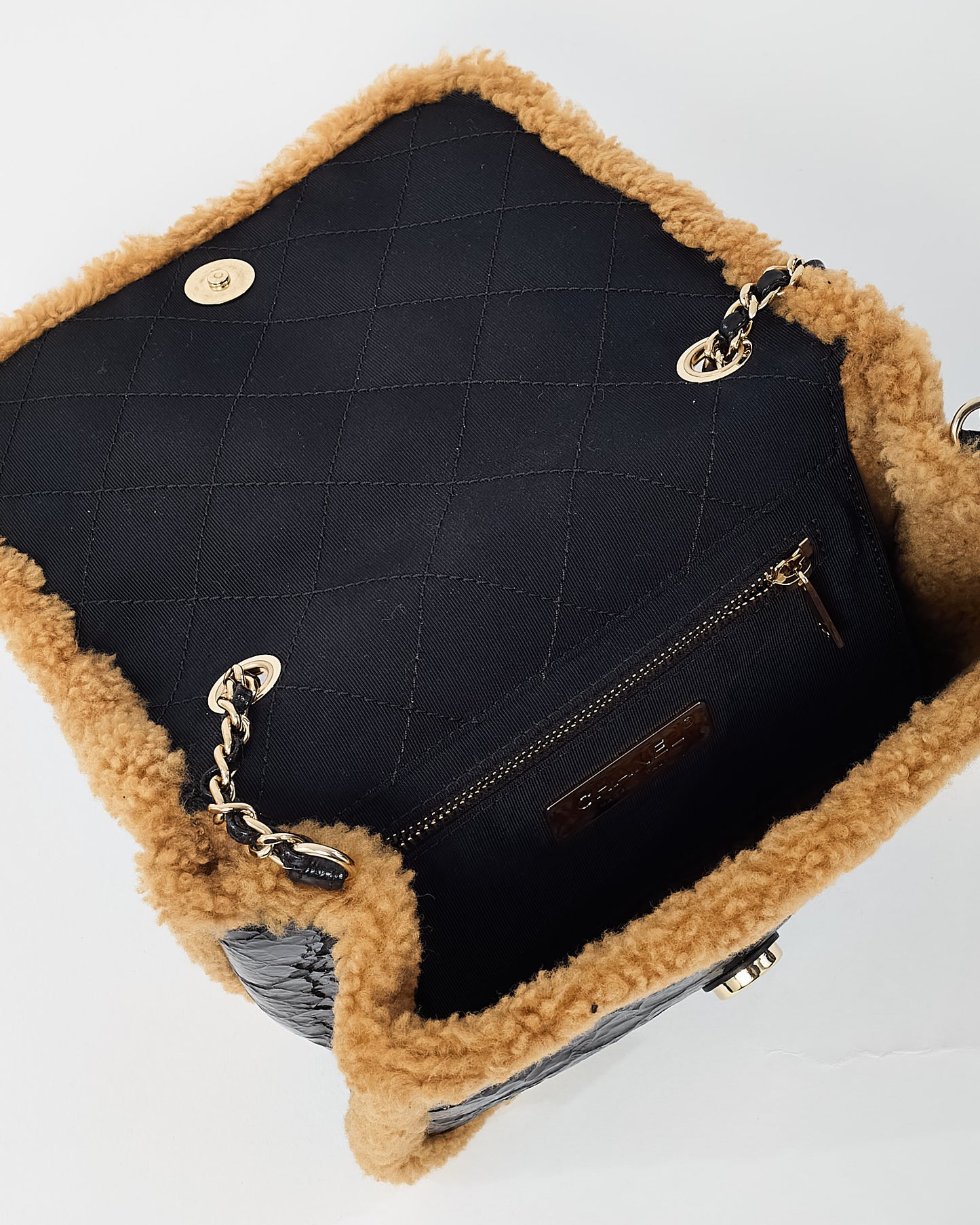 Chanel Black Shiny Crumpled Leather and Tan Shearling CC Mania Flap Bag GHW