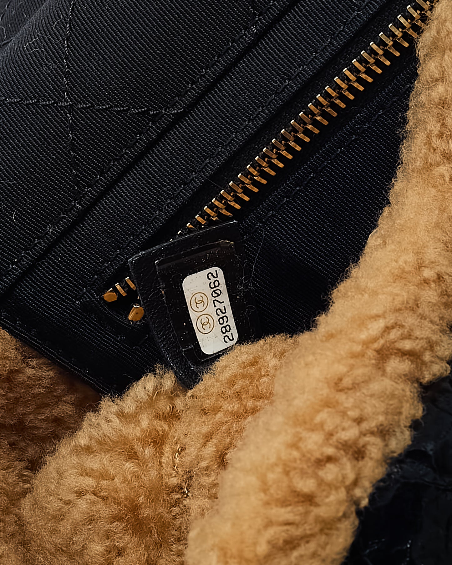 Chanel Black Shiny Crumpled Leather and Tan Shearling CC Mania Flap Bag GHW