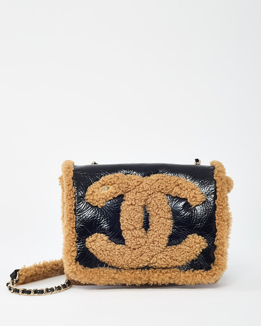 Chanel Black Shiny Crumpled Leather and Tan Shearling CC Mania Flap Bag GHW