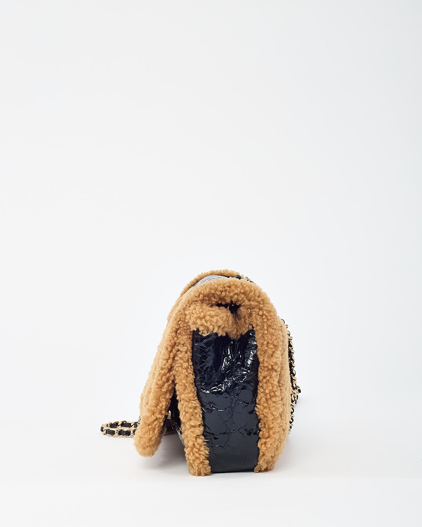 Chanel Black Shiny Crumpled Leather and Tan Shearling CC Mania Flap Bag GHW