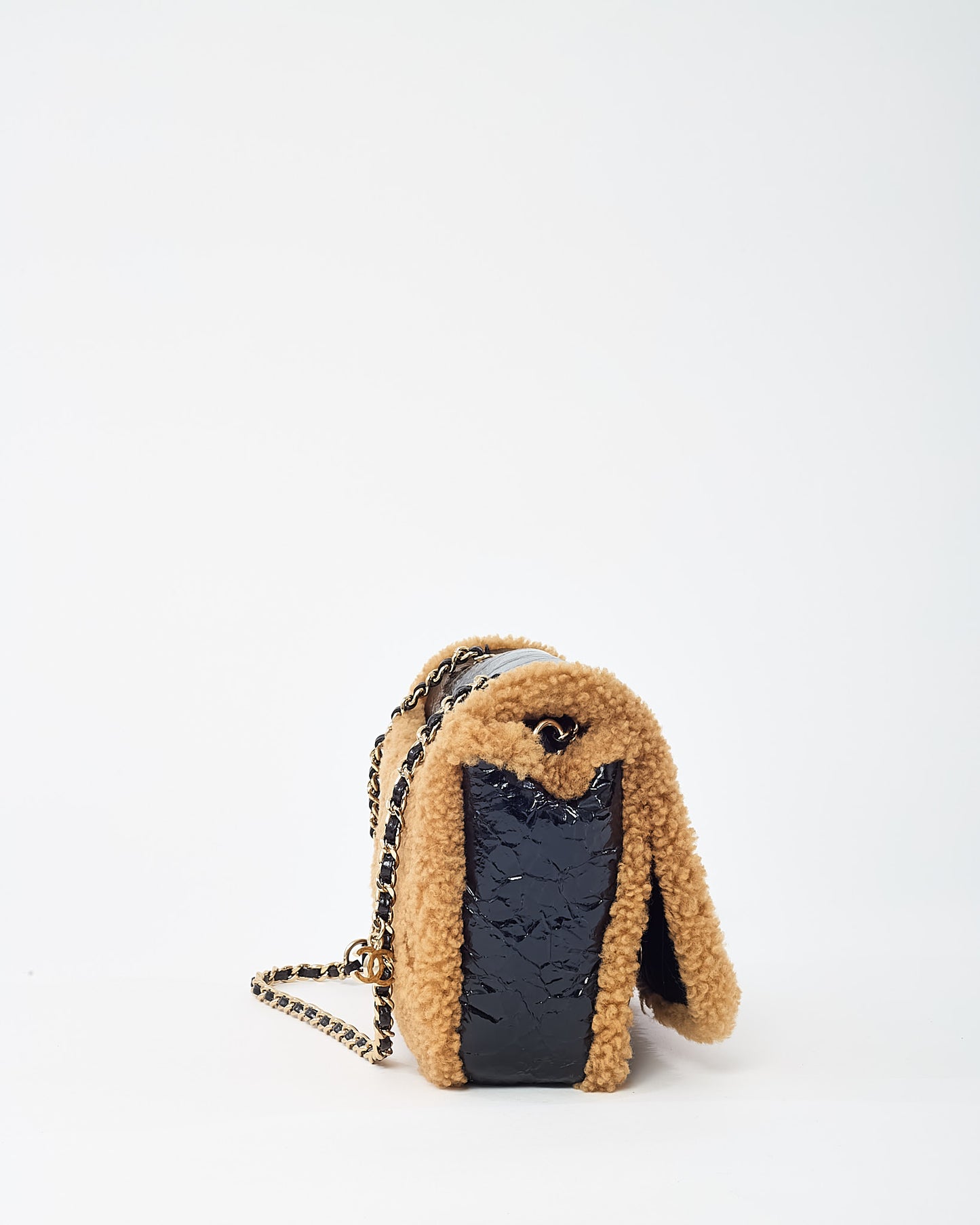 Chanel Black Shiny Crumpled Leather and Tan Shearling CC Mania Flap Bag GHW