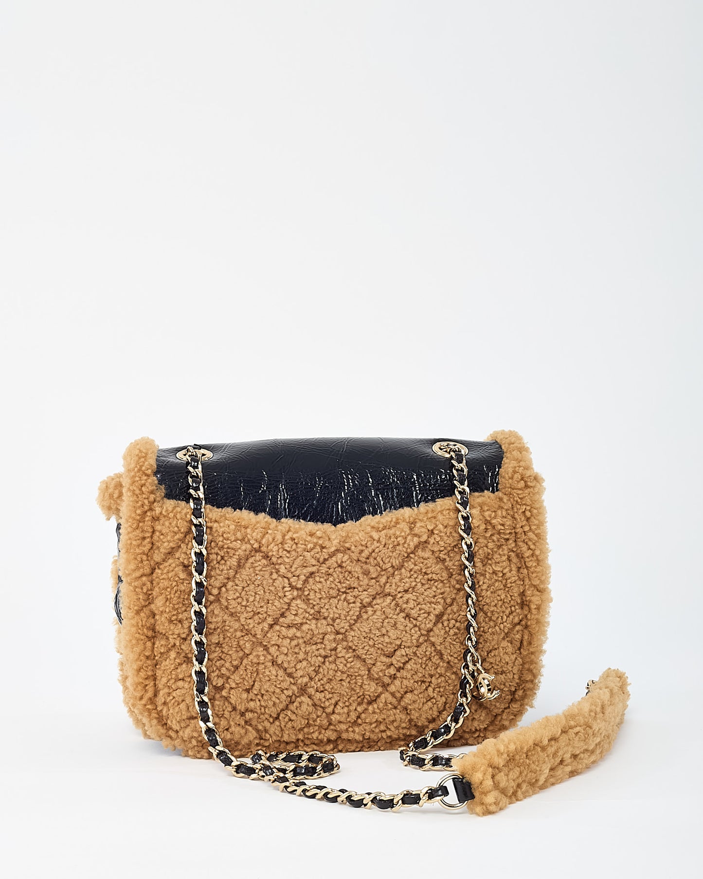 Chanel Black Shiny Crumpled Leather and Tan Shearling CC Mania Flap Bag GHW