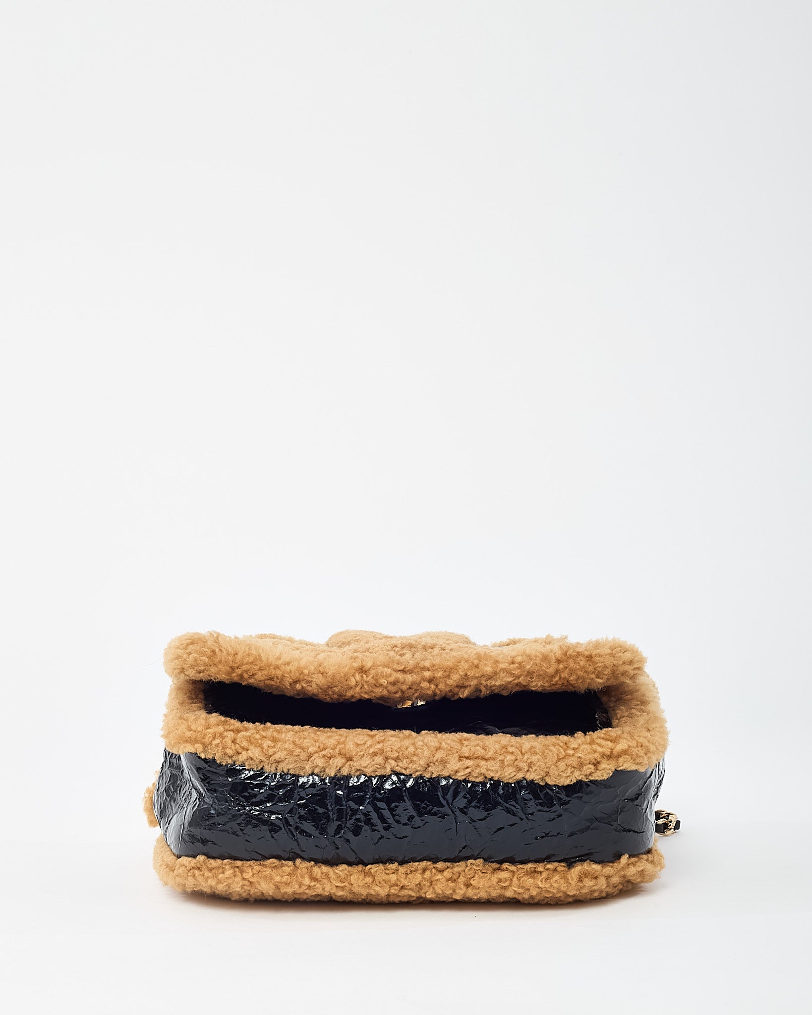 Buy Chanel Black Shiny Crumpled Leather and Tan Shearling CC Mania