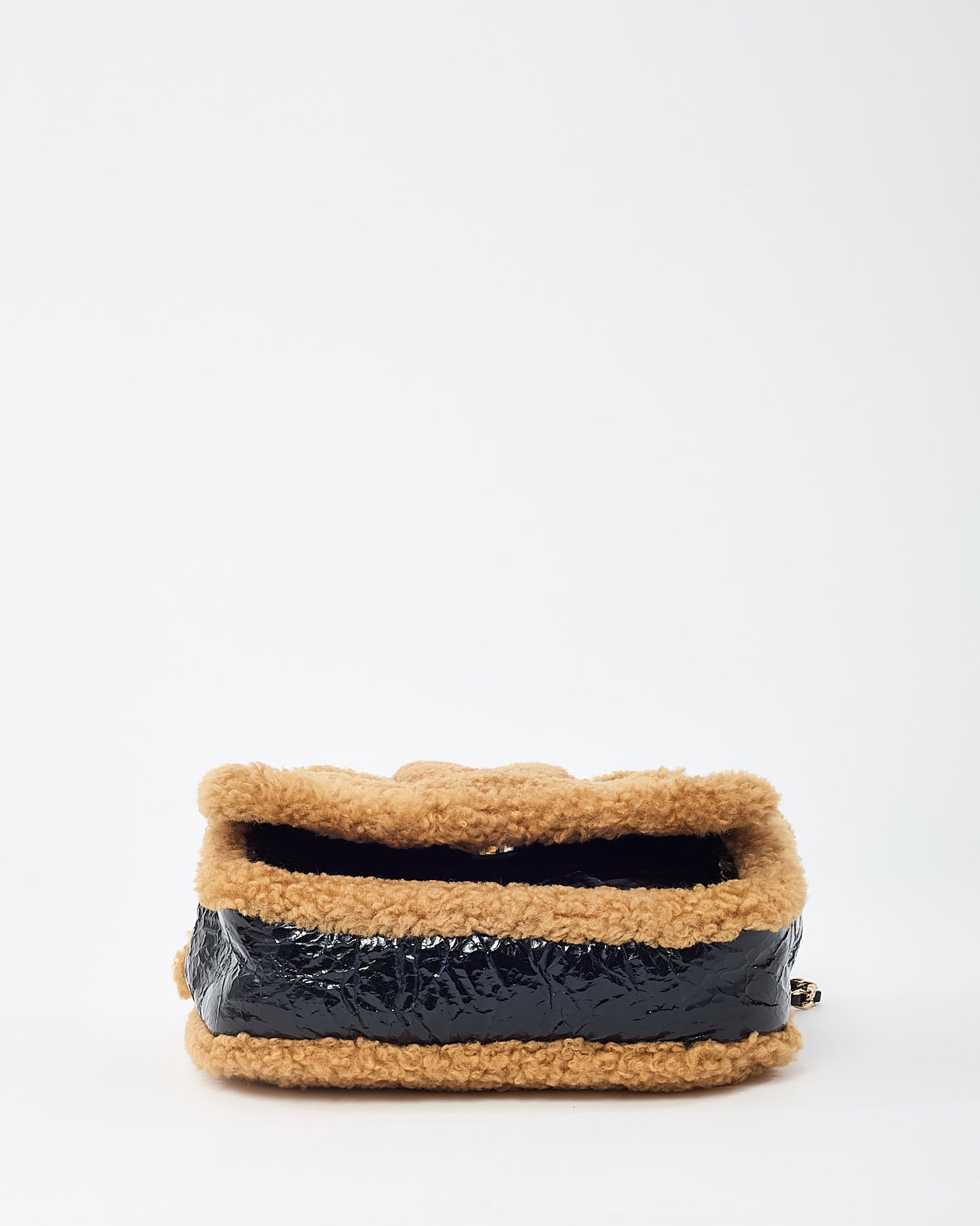 Chanel Black Shiny Crumpled Leather and Tan Shearling CC Mania Flap Bag GHW