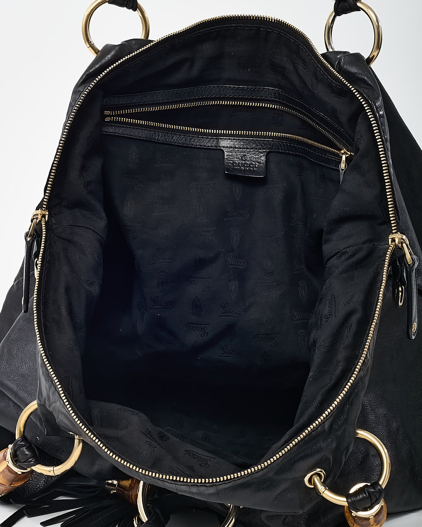 Gucci Black Leather Bamboo Tassel Beads Top Handle Tote Bag