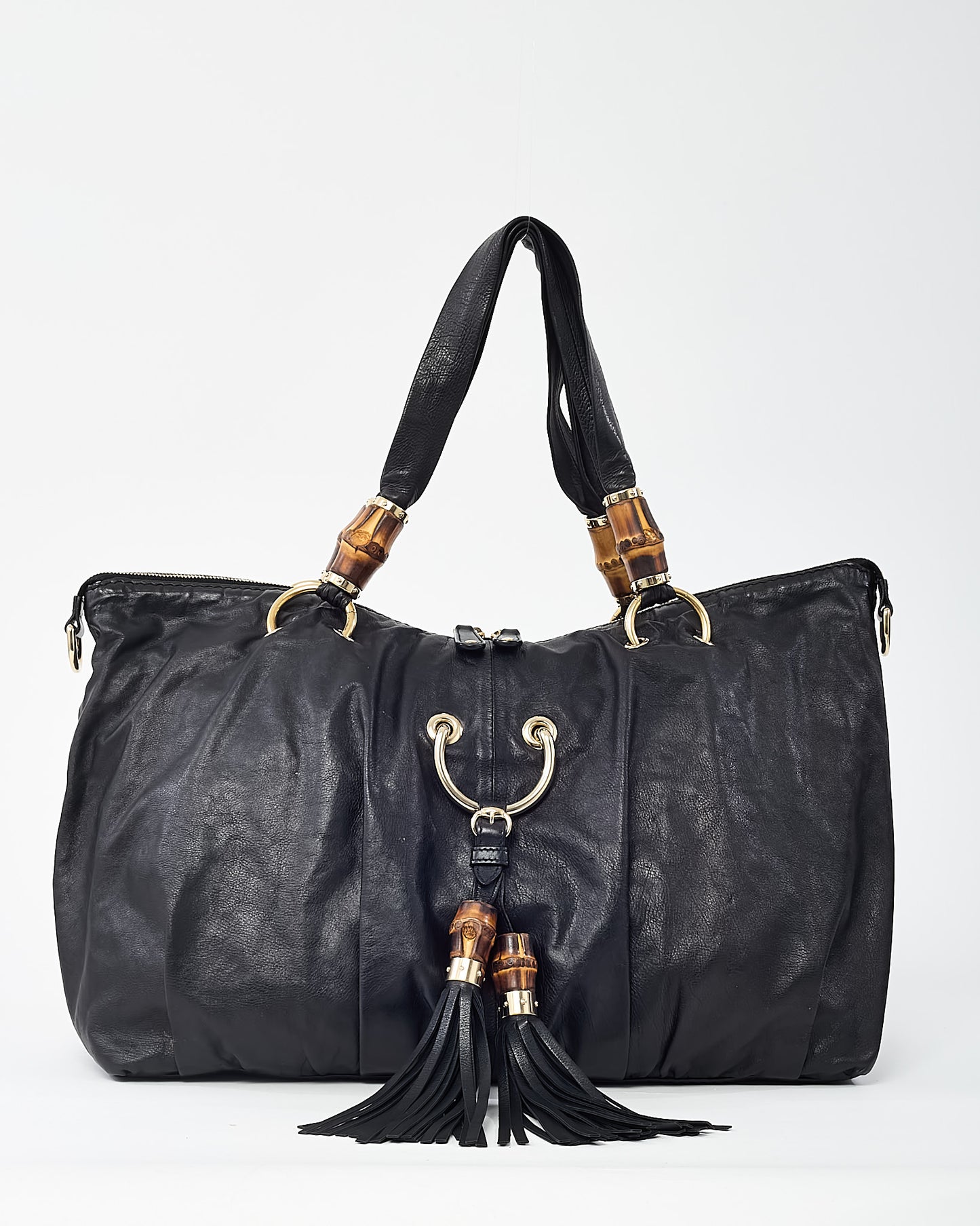 Gucci Black Leather Bamboo Tassel Beads Top Handle Tote Bag