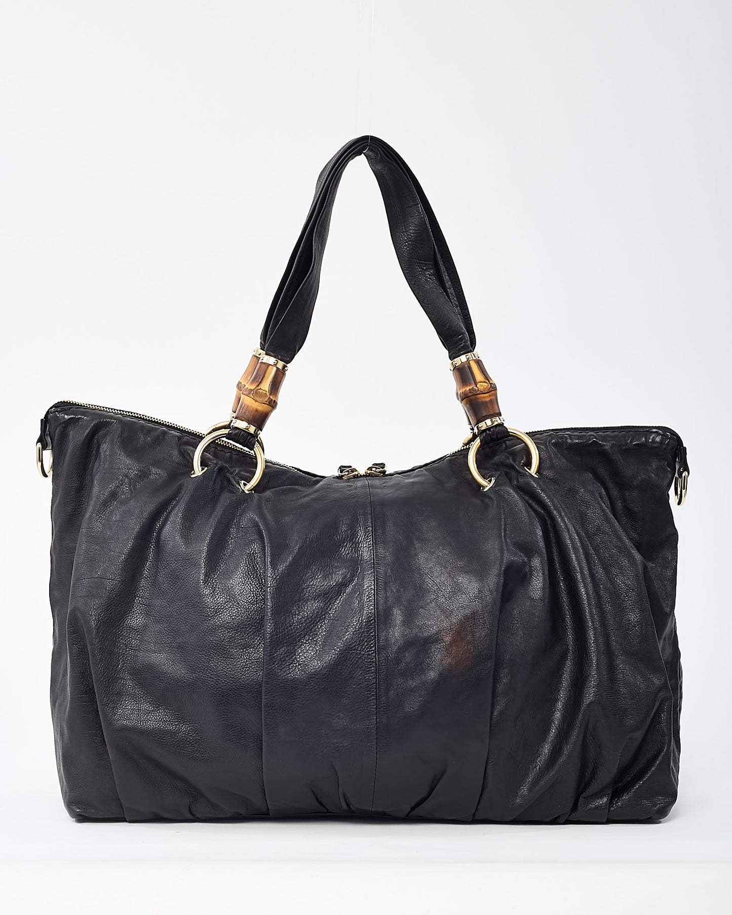 Gucci Black Leather Bamboo Tassel Beads Top Handle Tote Bag