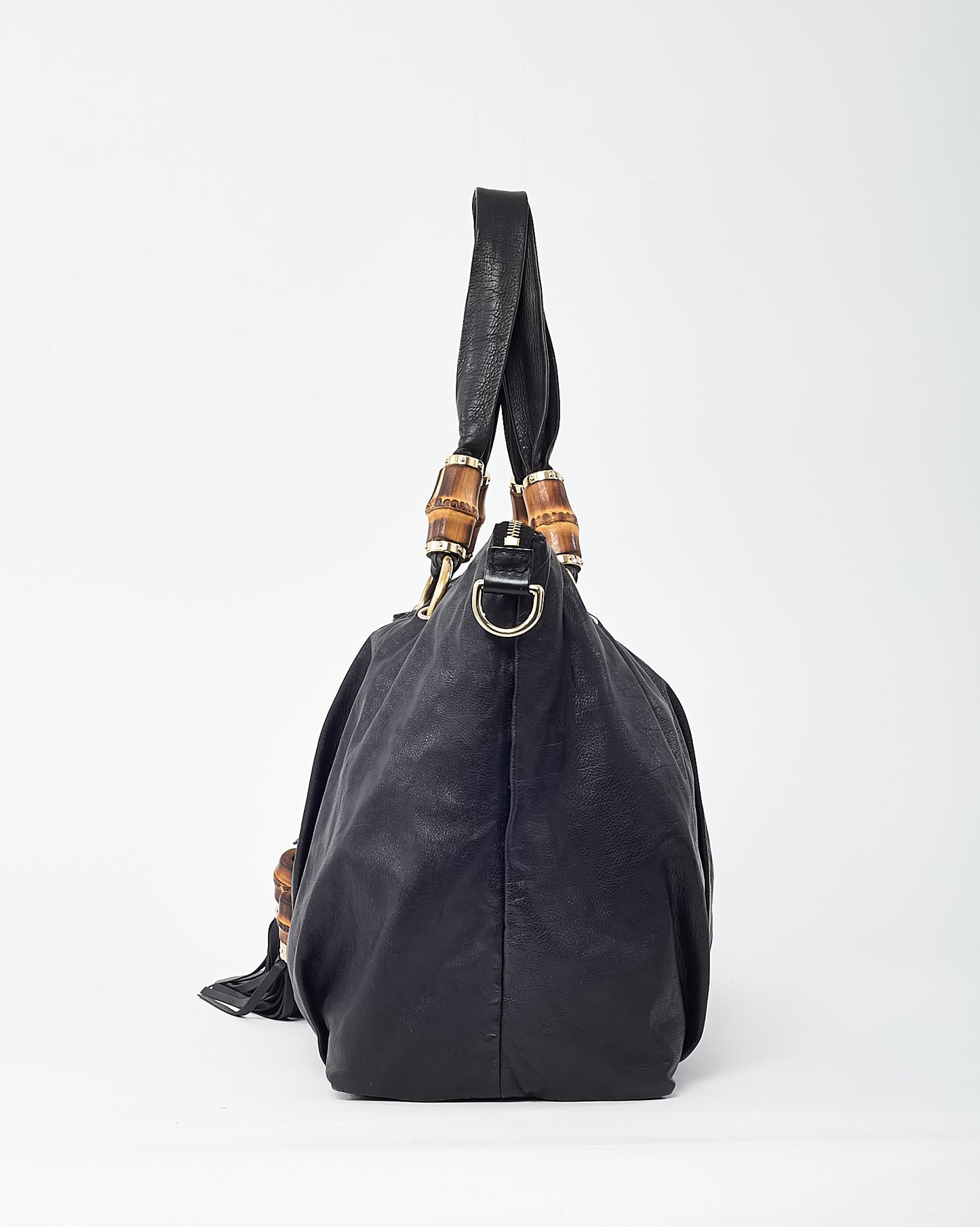 Gucci Black Leather Bamboo Tassel Beads Top Handle Tote Bag