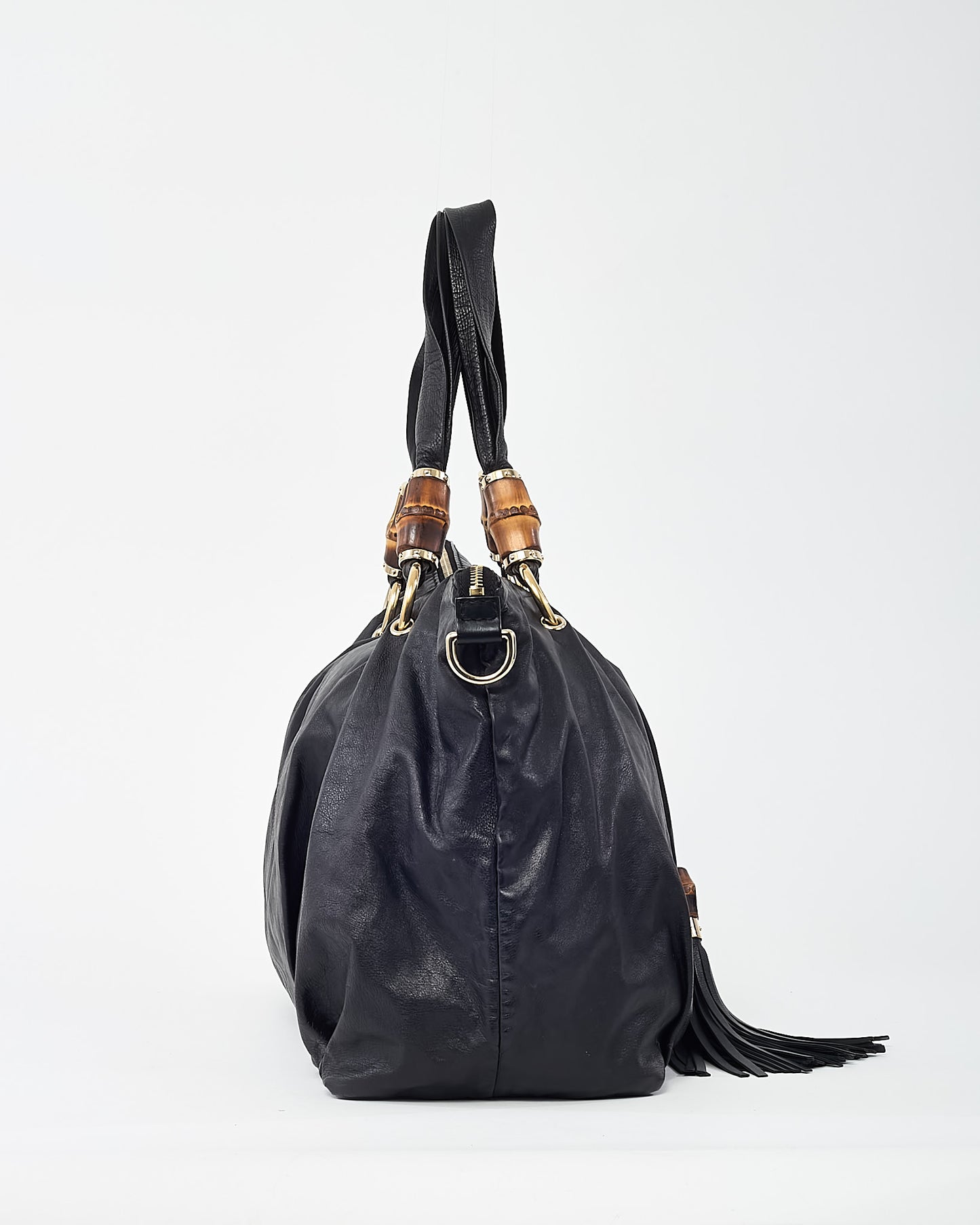 Gucci Black Leather Bamboo Tassel Beads Top Handle Tote Bag