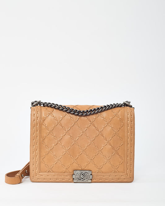 Chanel Caramel Quilted Caviar Leather Paris/Dallas Stitch Large Boy Bag with Ruthenium Hardware