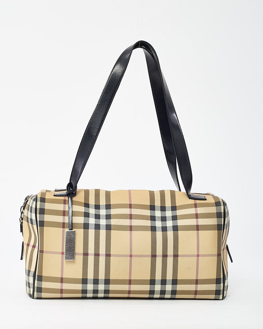 Burberry Vintage Beige Nova Check Coated Canvas and Black Leather Trim Boston Shoulder Bag