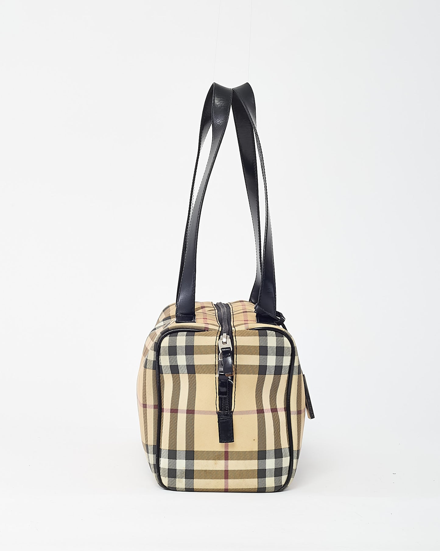 Burberry Vintage Beige Nova Check Coated Canvas and Black Leather Trim Boston Shoulder Bag
