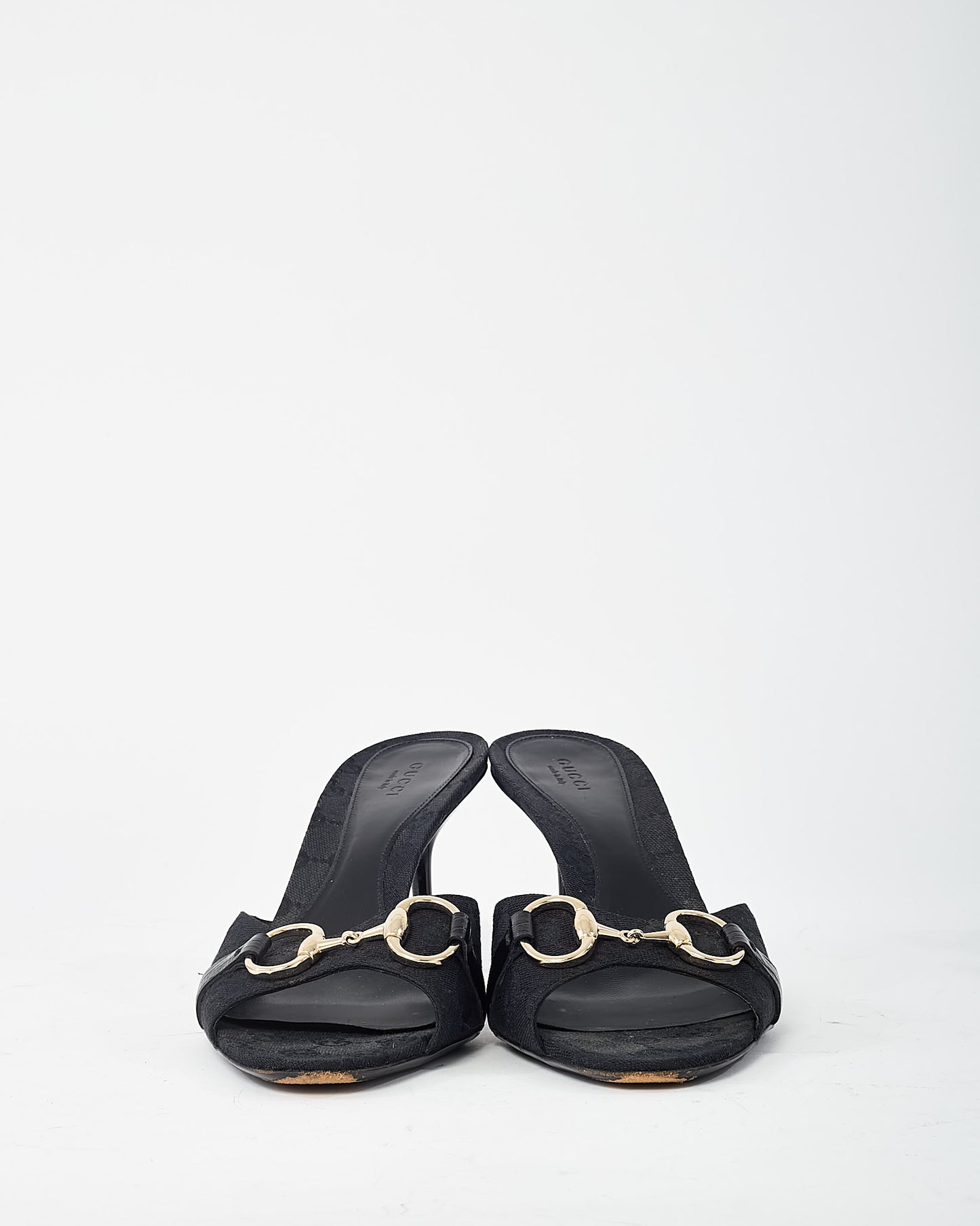 Gucci Black GG Monogram Canvas Open-Toe Gold Horsebit Mule Sandals - 40.5
