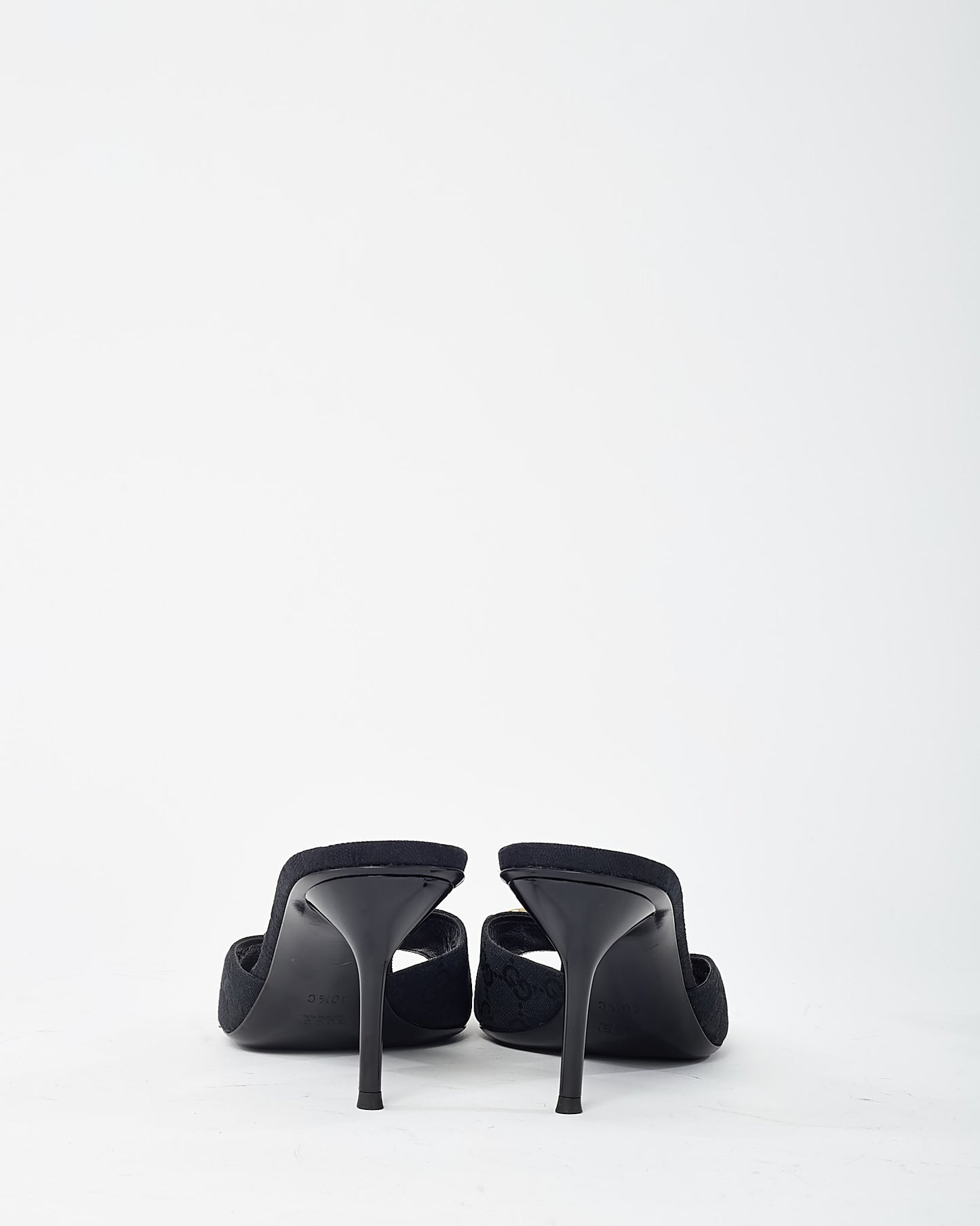Gucci Black GG Monogram Canvas Open-Toe Gold Horsebit Mule Sandals - 40.5