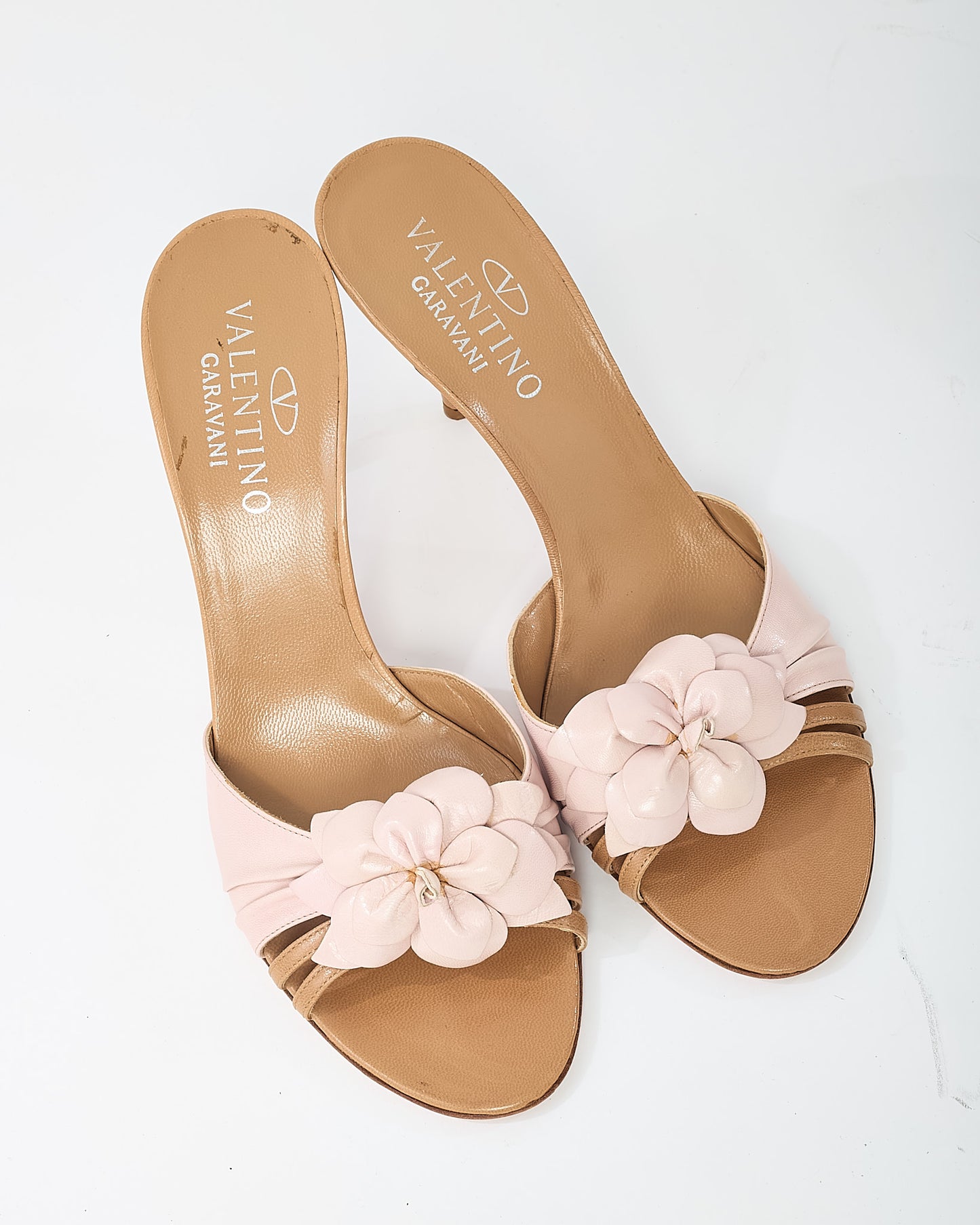 Valentino Vintage Beige and Pink Leather Flower Mule Sandals - 41.5