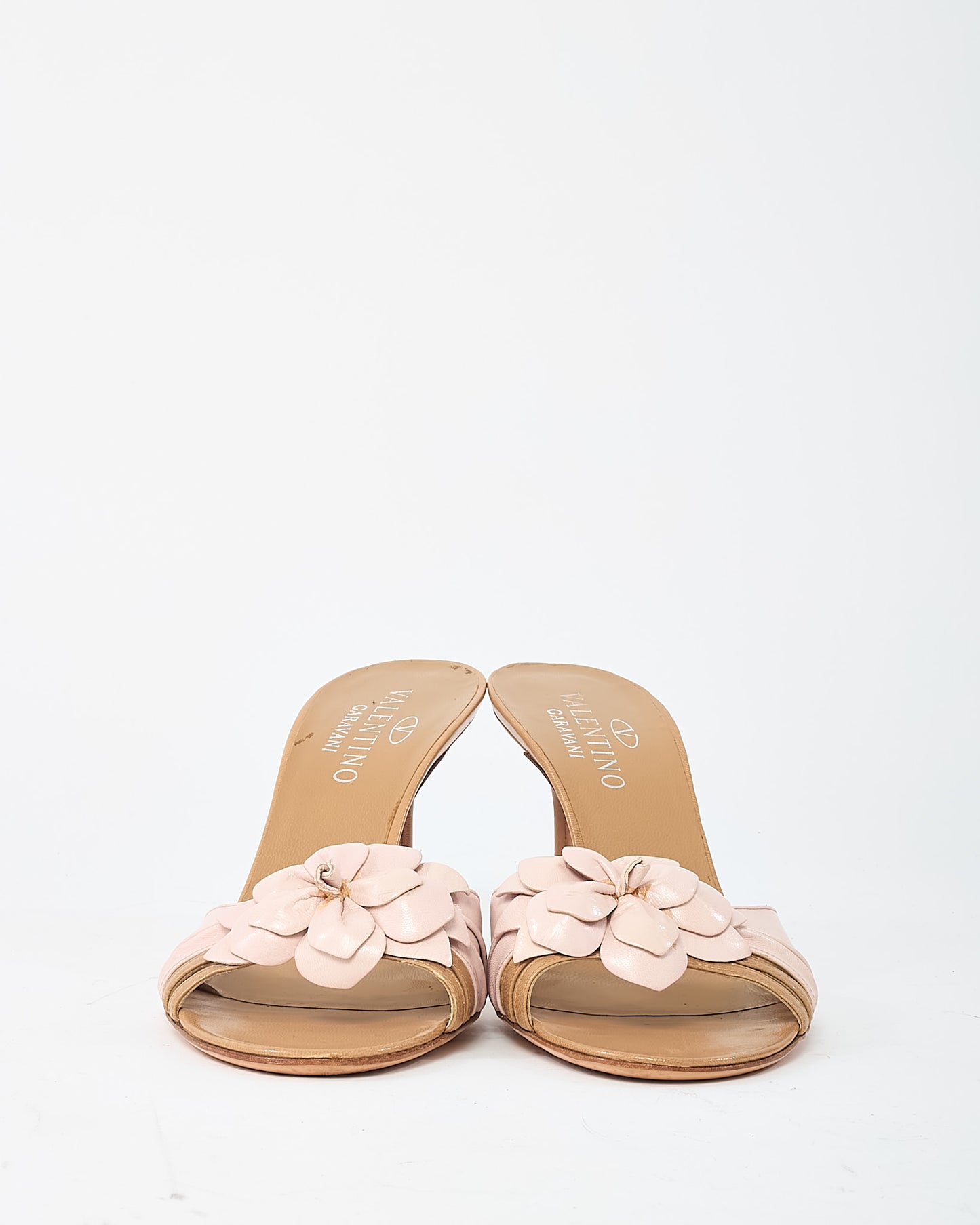 Valentino Vintage Beige and Pink Leather Flower Mule Sandals - 41.5