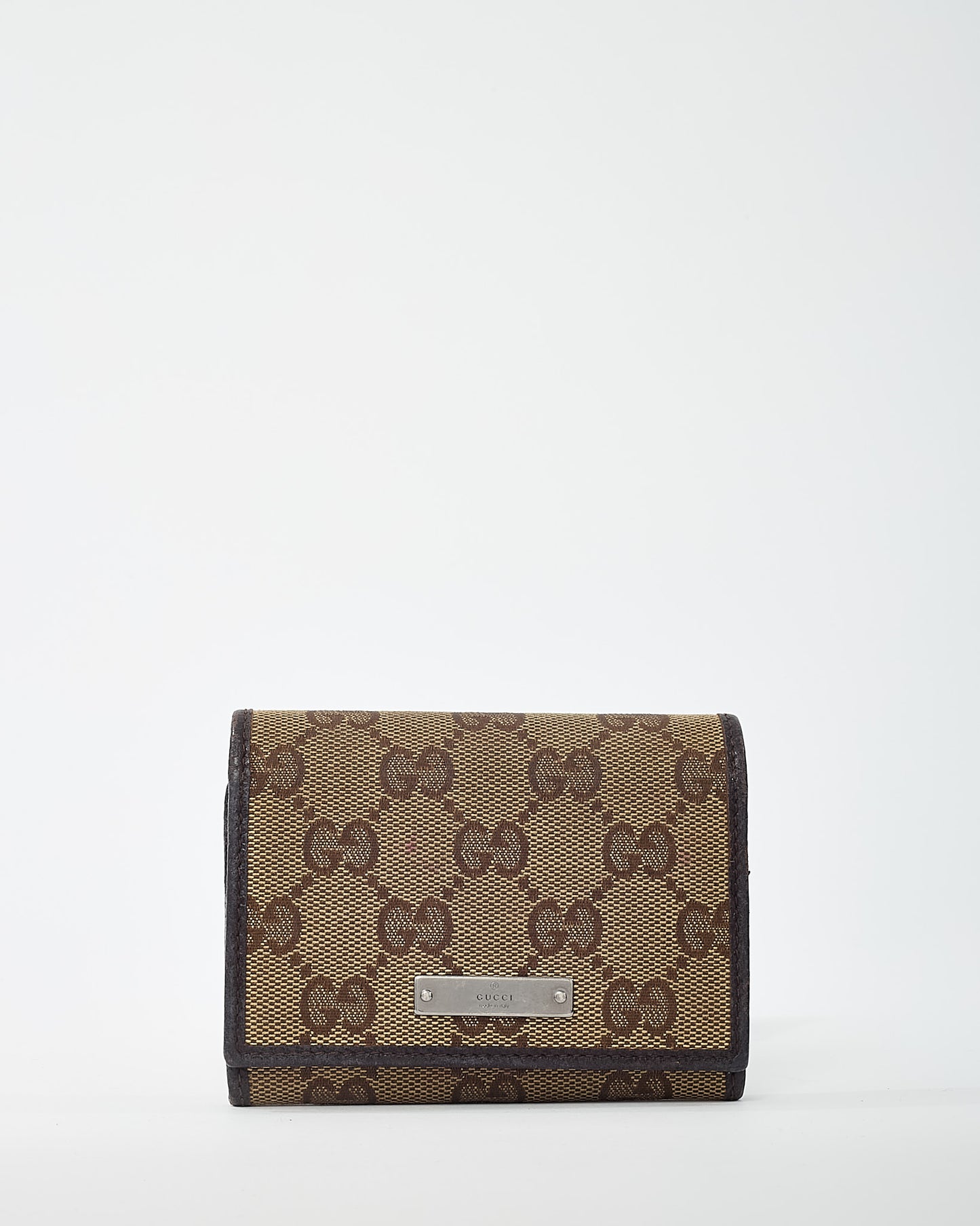 Gucci Dark Brown Leather and Beige and Brown GG Monogram Canvas Card Case Wallet