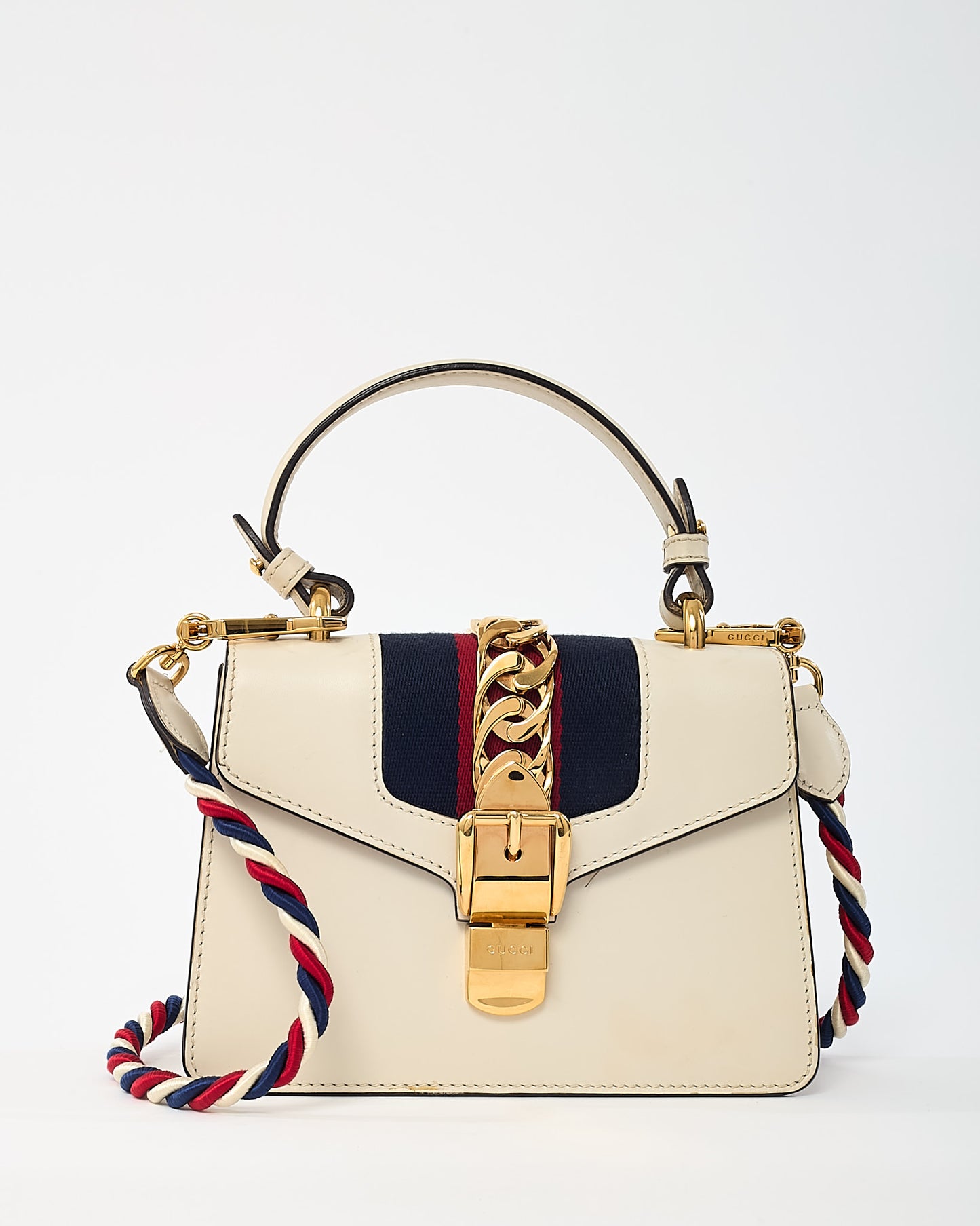 Gucci White Calfskin Leather Mini Web Sylvie Shoulder Bag