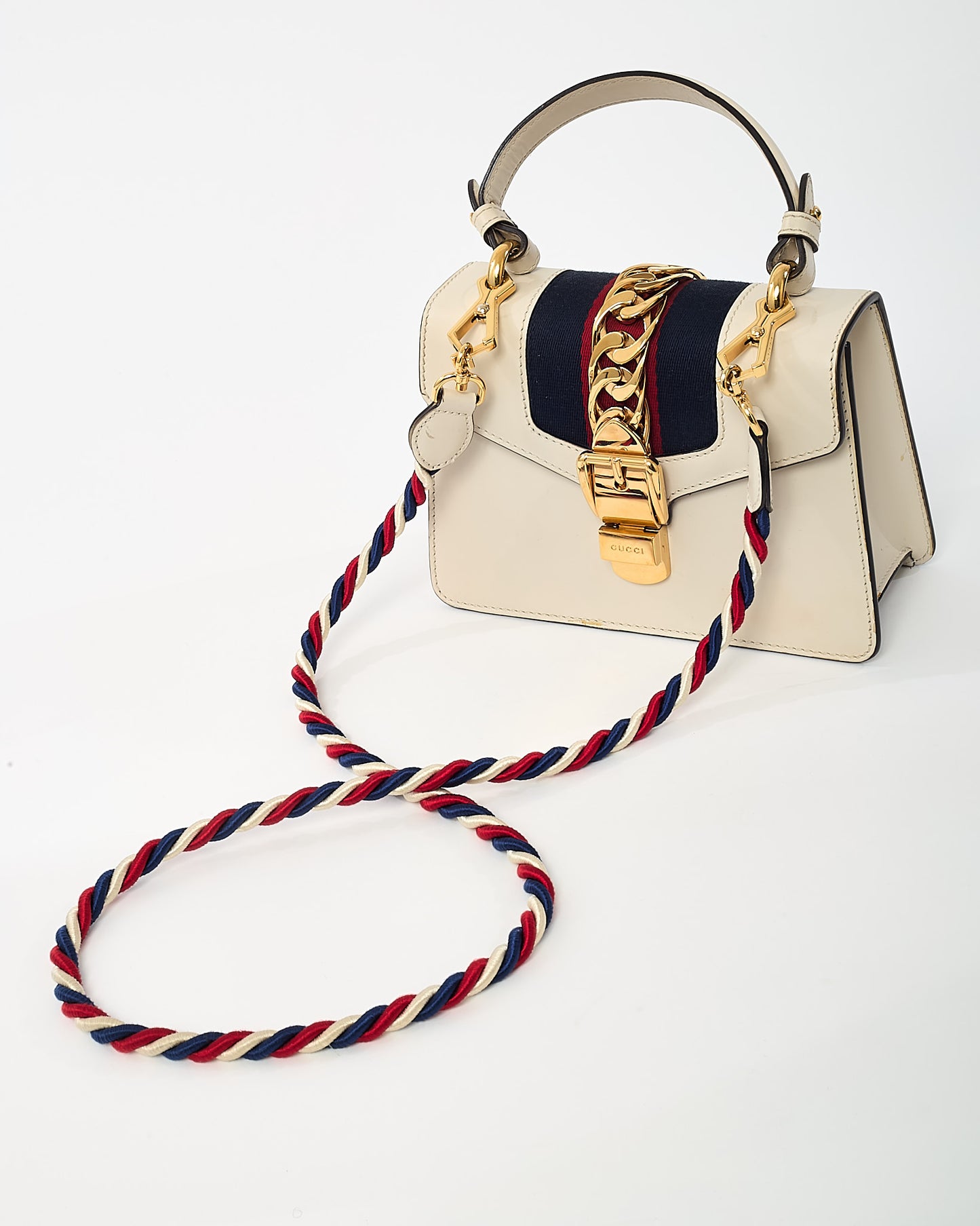 Gucci White Calfskin Leather Mini Web Sylvie Shoulder Bag