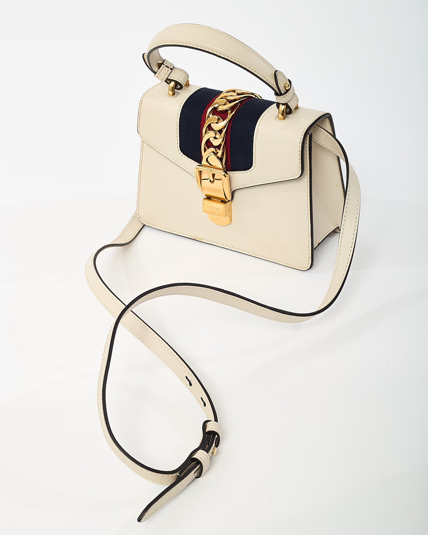 Gucci White Calfskin Leather Mini Web Sylvie Shoulder Bag