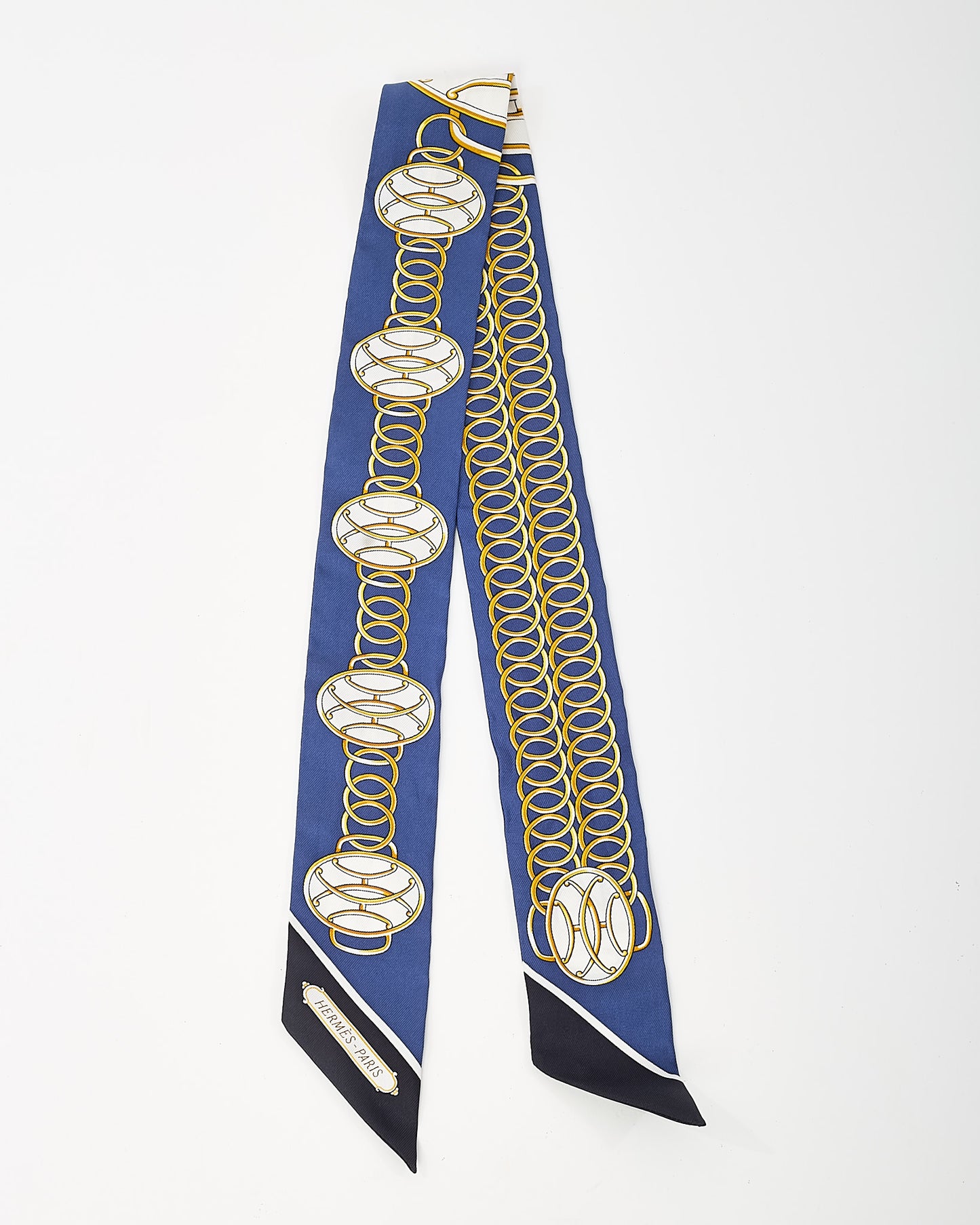Hermès Navy/Gold/White Multi "Lift Profile" Silk Twilly Scarf