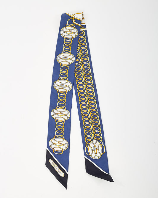 Hermès Navy/Gold/White Multi "Lift Profile" Silk Twilly Scarf