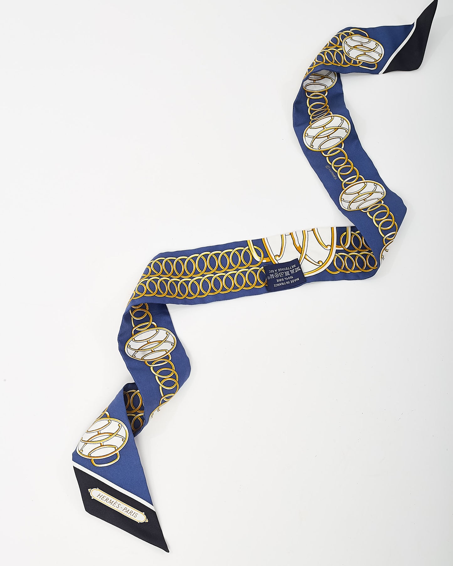 Hermès Navy/Gold/White Multi "Lift Profile" Silk Twilly Scarf