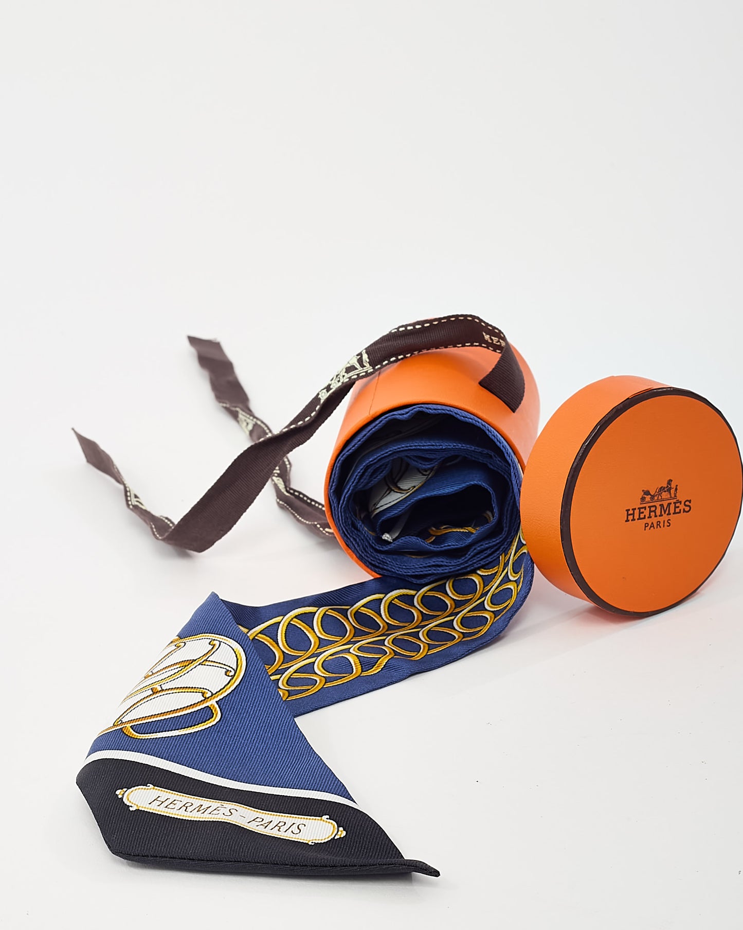 Hermès Navy/Gold/White Multi "Lift Profile" Silk Twilly Scarf