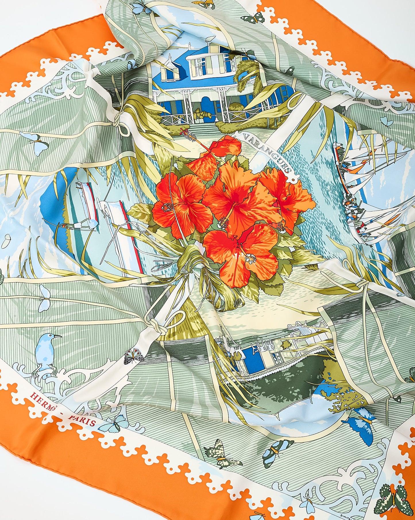 Hermès Orange/Blue/Green Multi "Varangues" Silk Printed 90cm Scarf
