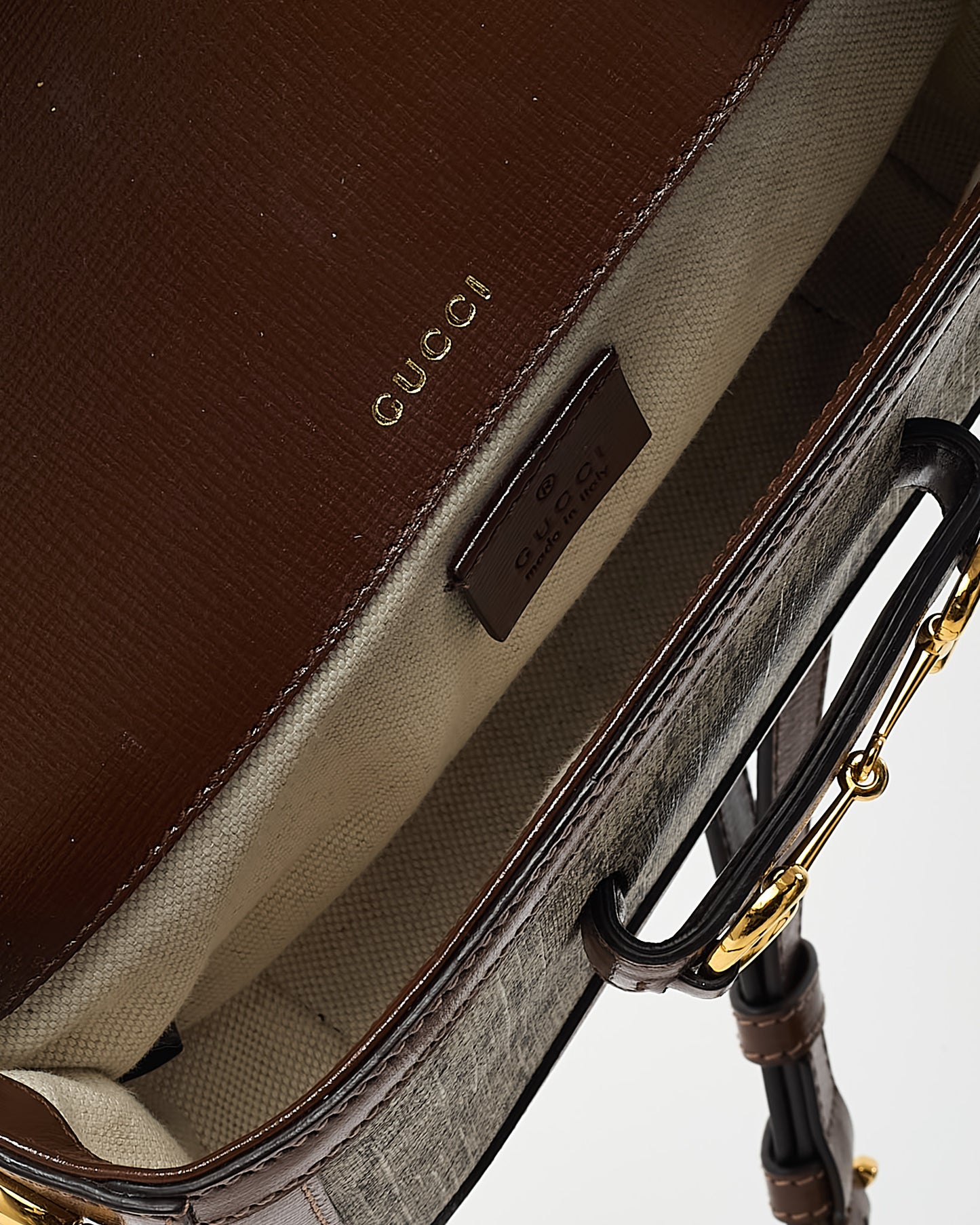 Gucci Brown Leather and Beige GG Supreme Coated Canvas Horsebit 1955 Small Shoulder Bag