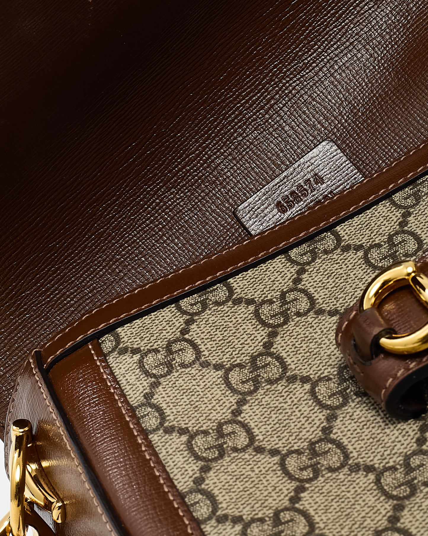 Gucci Brown Leather and Beige GG Supreme Coated Canvas Horsebit 1955 Small Shoulder Bag